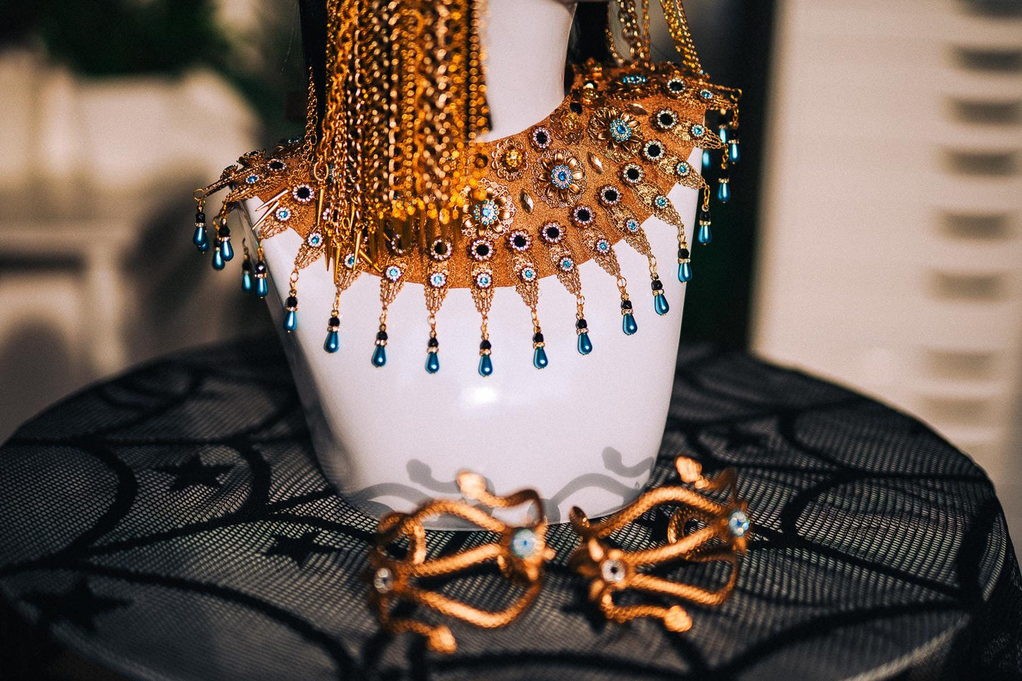 Cleopatra Necklace, Egyptian Collar Jewelry, Gold Pharaoh Statement Necklace, Turquoise Egyptian Goddess Costume, Cleopatra Accessories