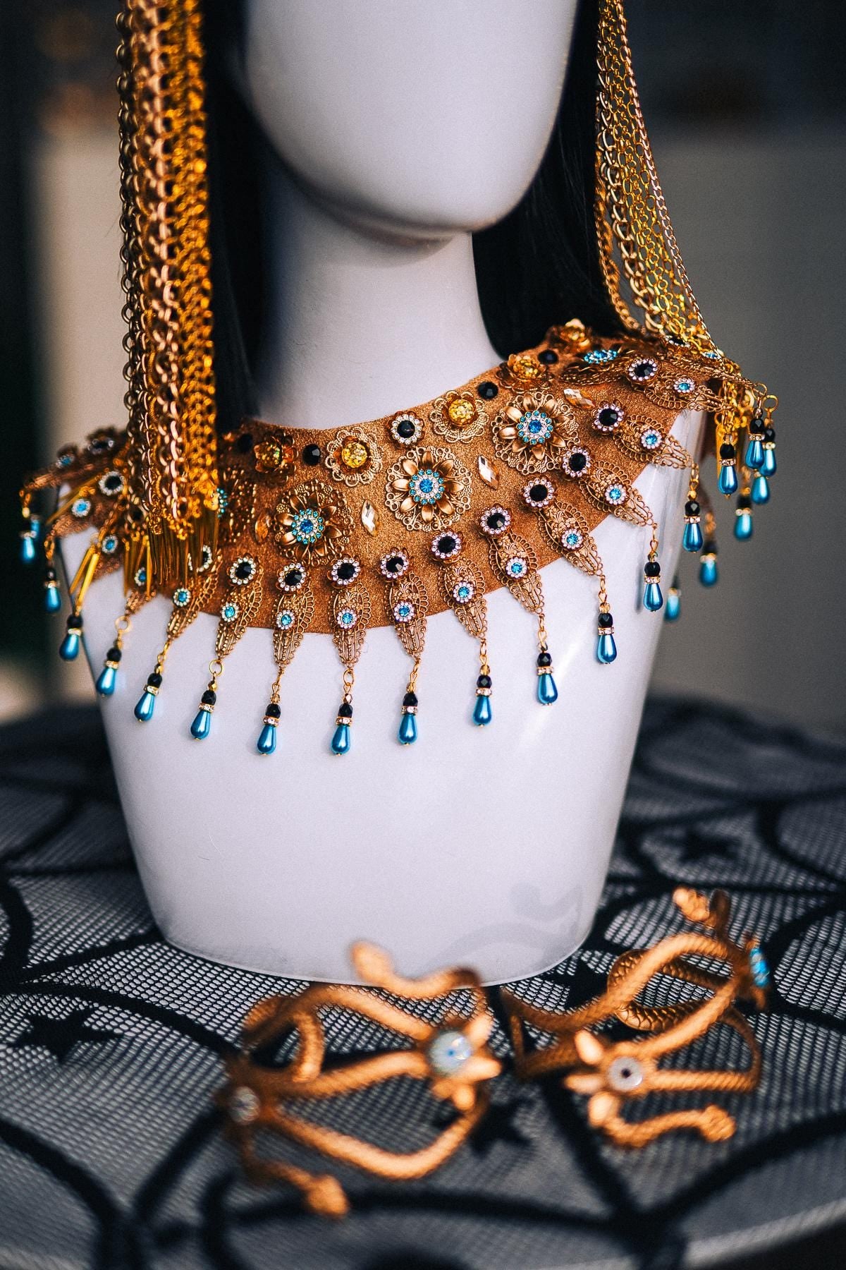Cleopatra Necklace, Egyptian Collar Jewelry, Gold Pharaoh Statement Necklace, Turquoise Egyptian Goddess Costume, Cleopatra Accessories