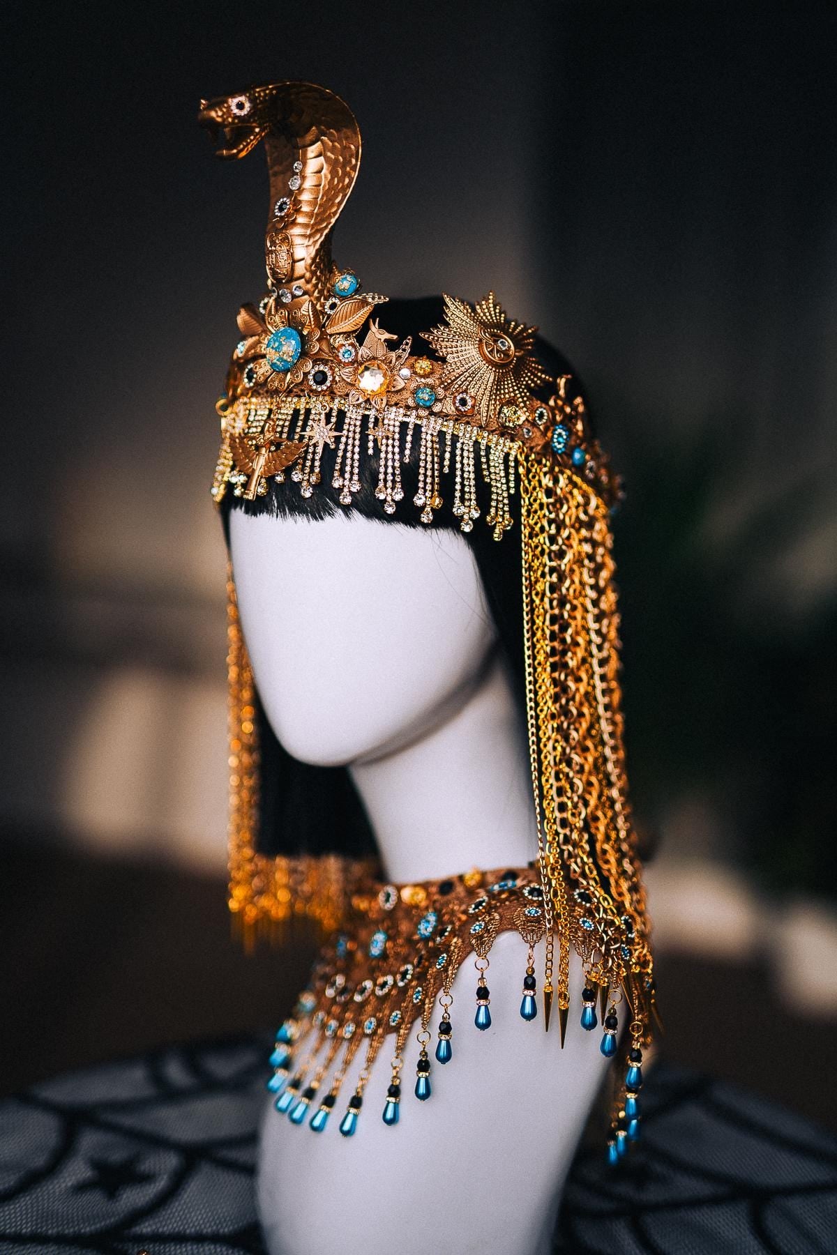 Cleopatra Necklace, Egyptian Collar Jewelry, Gold Pharaoh Statement Necklace, Turquoise Egyptian Goddess Costume, Cleopatra Accessories