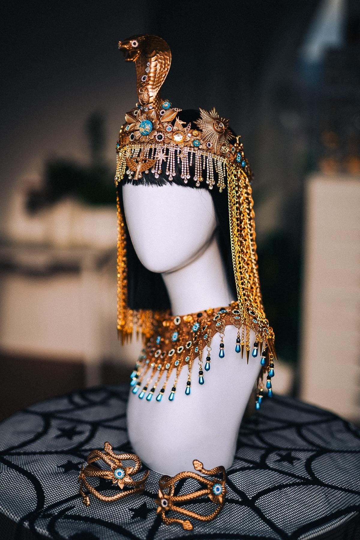 Cleopatra Necklace, Egyptian Collar Jewelry, Gold Pharaoh Statement Necklace, Turquoise Egyptian Goddess Costume, Cleopatra Accessories