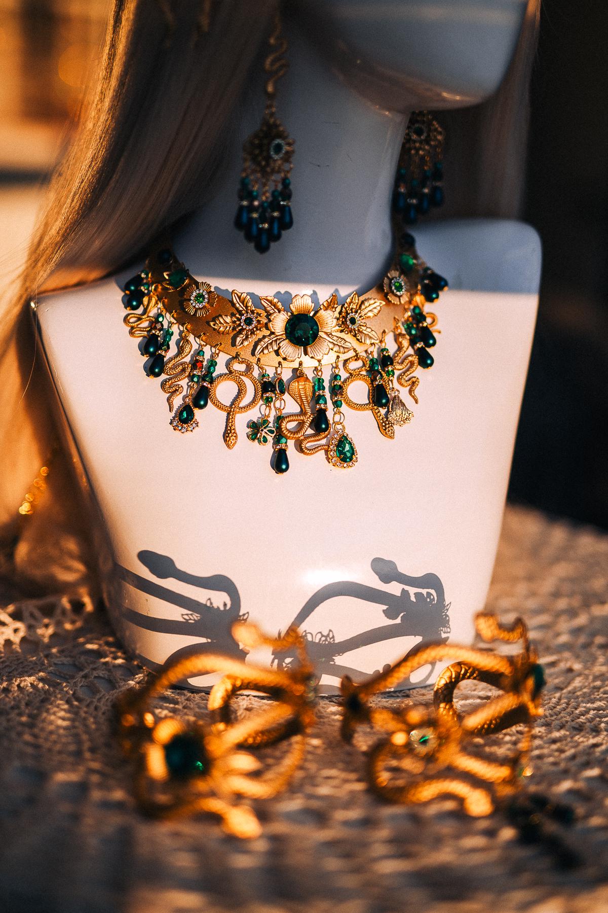 Medusa Snake Earrings, Emerald Serpent Earrings, Gold Greek Goddess Jewelry, Medusa Costume Earrings, Mythology Statement Earrings