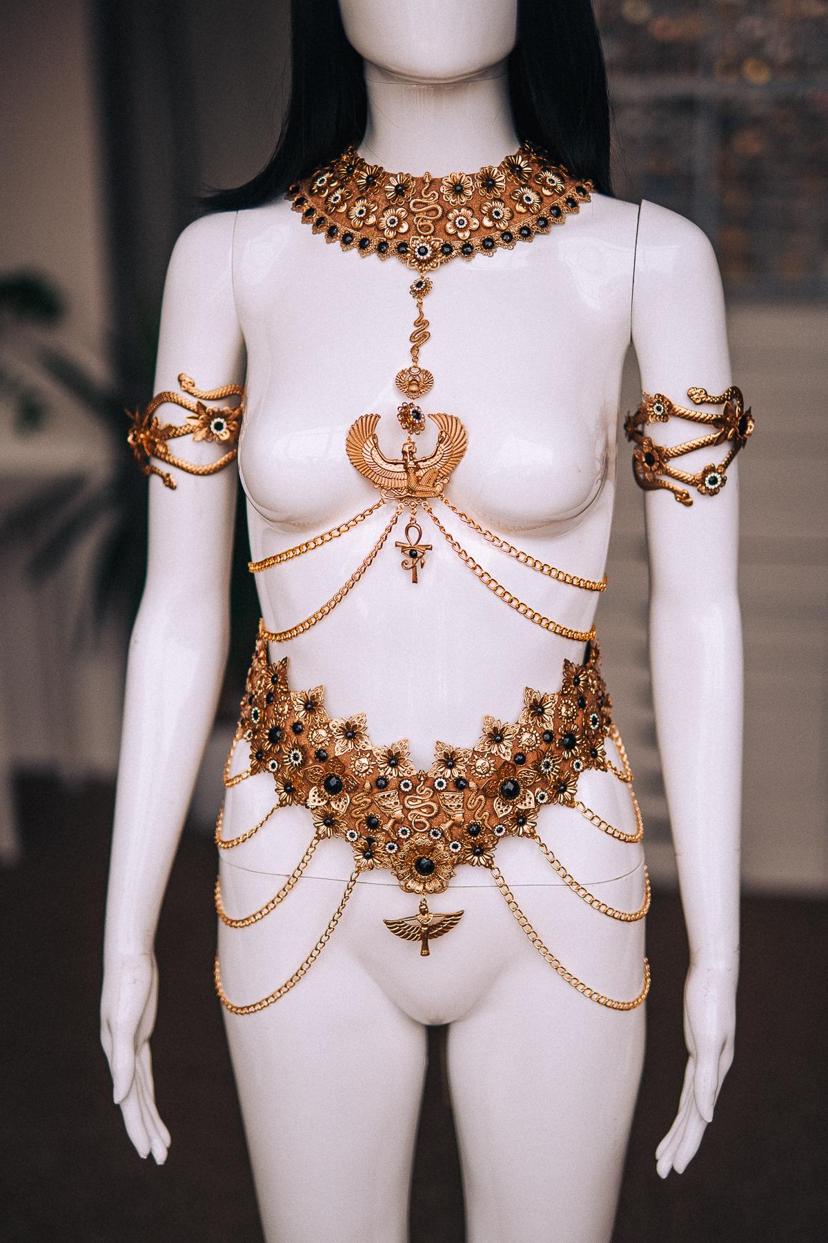Cleopatra Body Harness Necklace, Egyptian Statement Collar, Gold Body Chain, Pharaoh Jewelry, Egyptian Queen Costume Jewelry