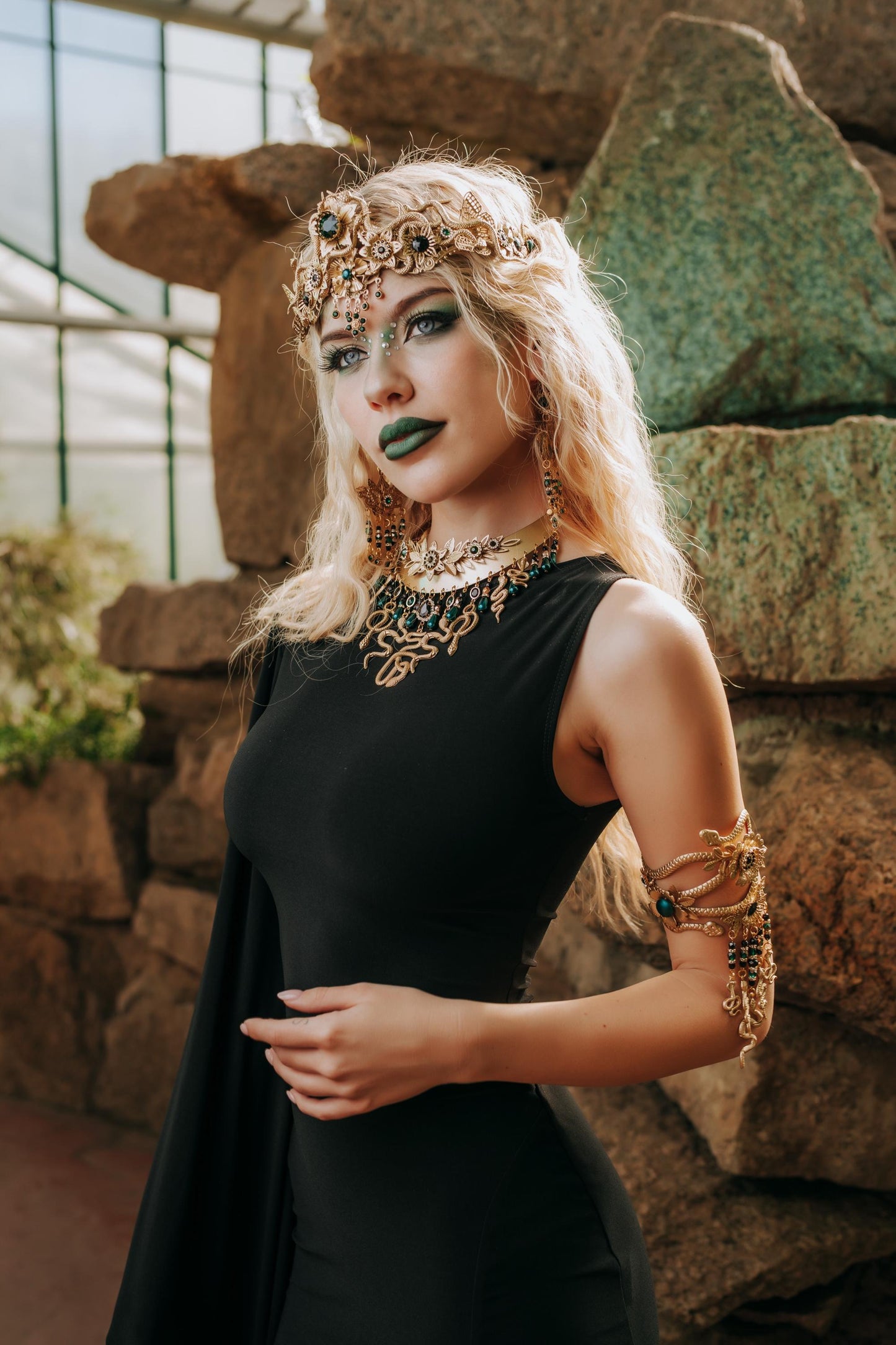 Medusa Earrings, Gold Snake Earrings, Emerald Goddess Jewelry, Greek Mythology Earrings, Medusa Costume Jewelry