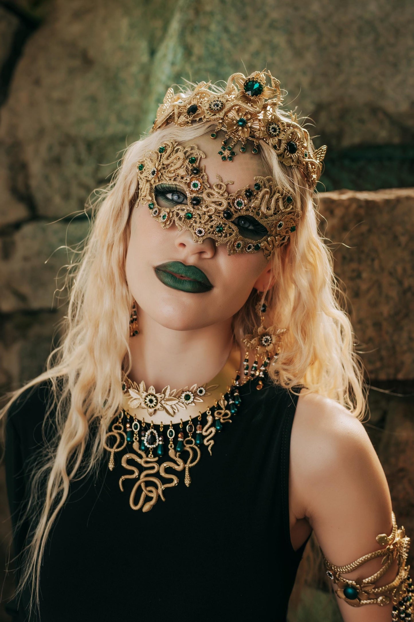 Medusa Necklace, Gold Snake Necklace, Greek Goddess Jewelry, Emerald Serpent Necklace, Medusa Costume Jewelry