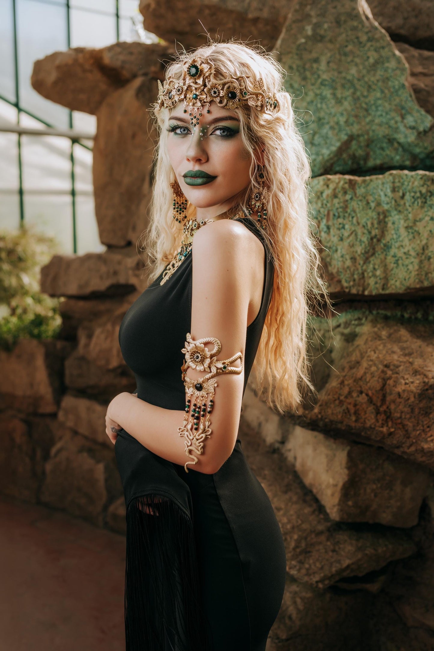 Medusa Necklace, Gold Snake Necklace, Greek Goddess Jewelry, Emerald Serpent Necklace, Medusa Costume Jewelry