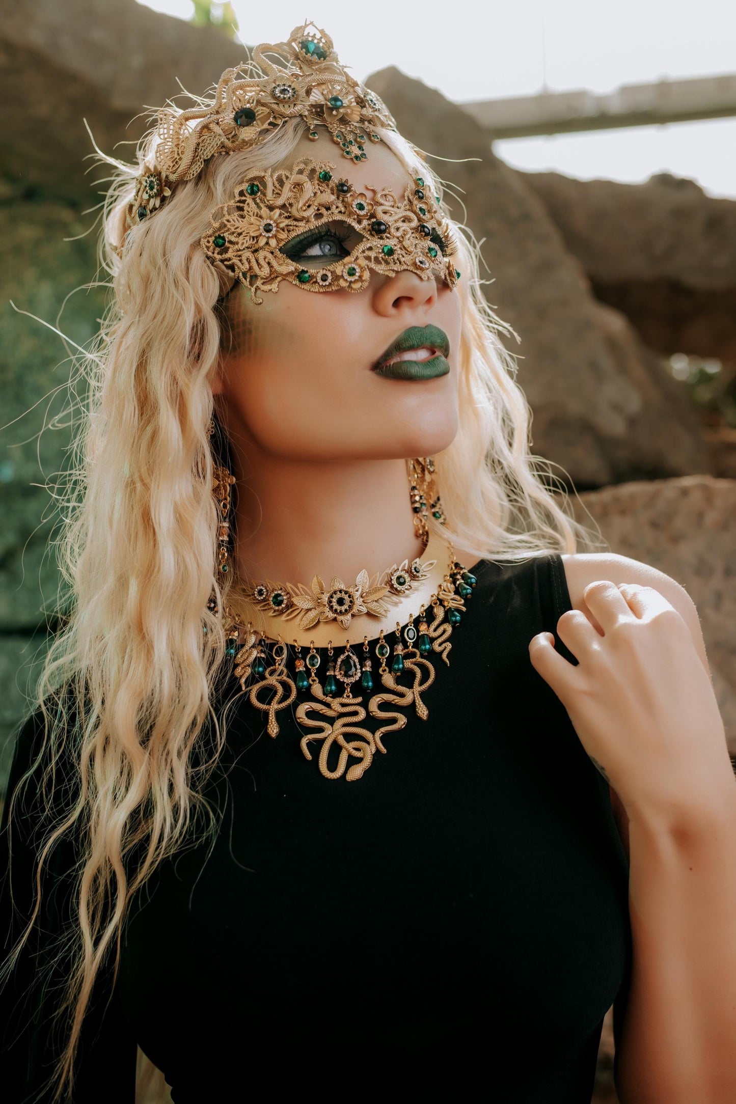 Medusa Masquerade Mask, Gold Snake Mask, Emerald Goddess Mask, Greek Mythology Mask, Medusa Costume Accessory