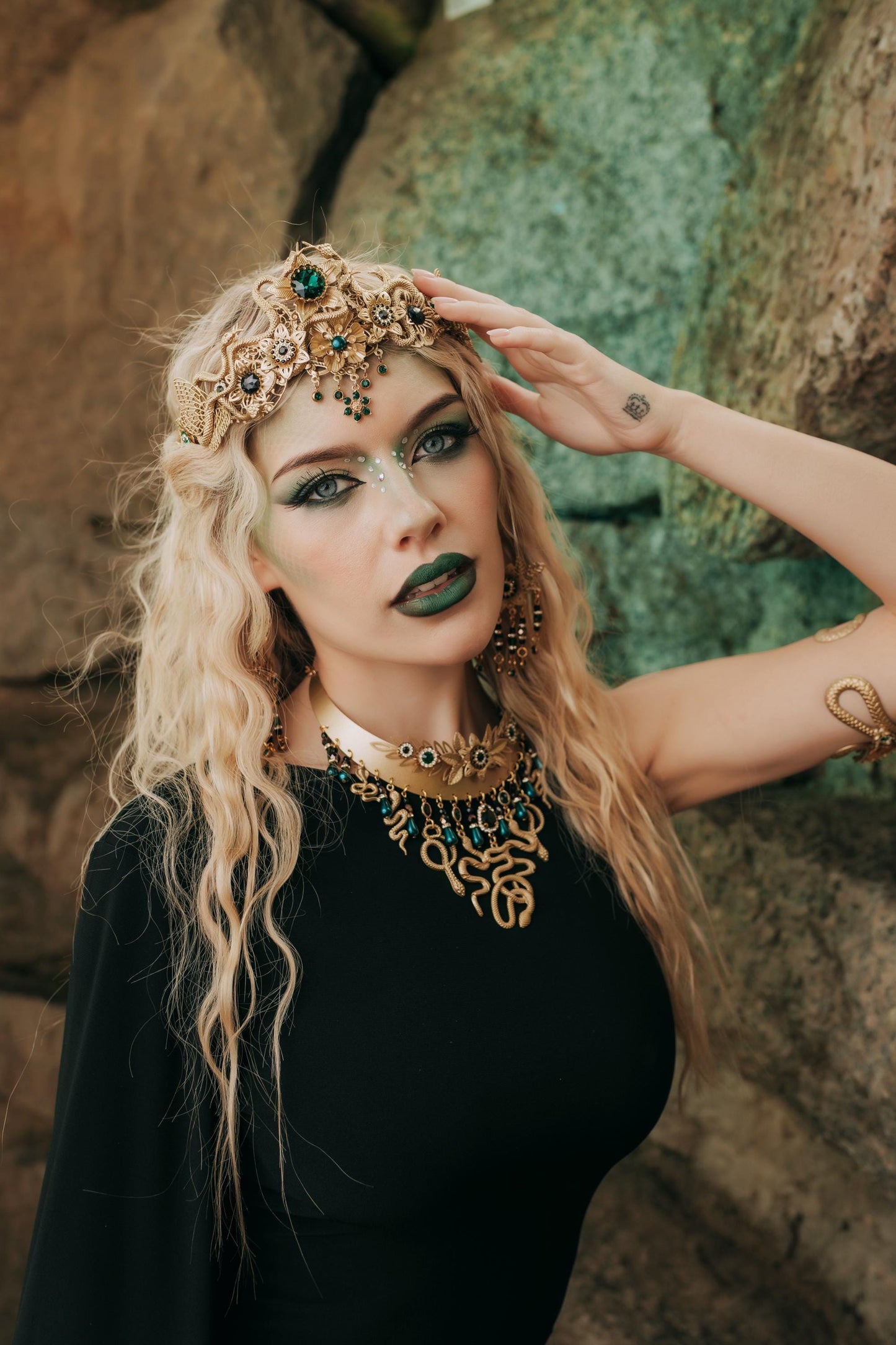Medusa Masquerade Mask, Gold Snake Mask, Emerald Goddess Mask, Greek Mythology Mask, Medusa Costume Accessory