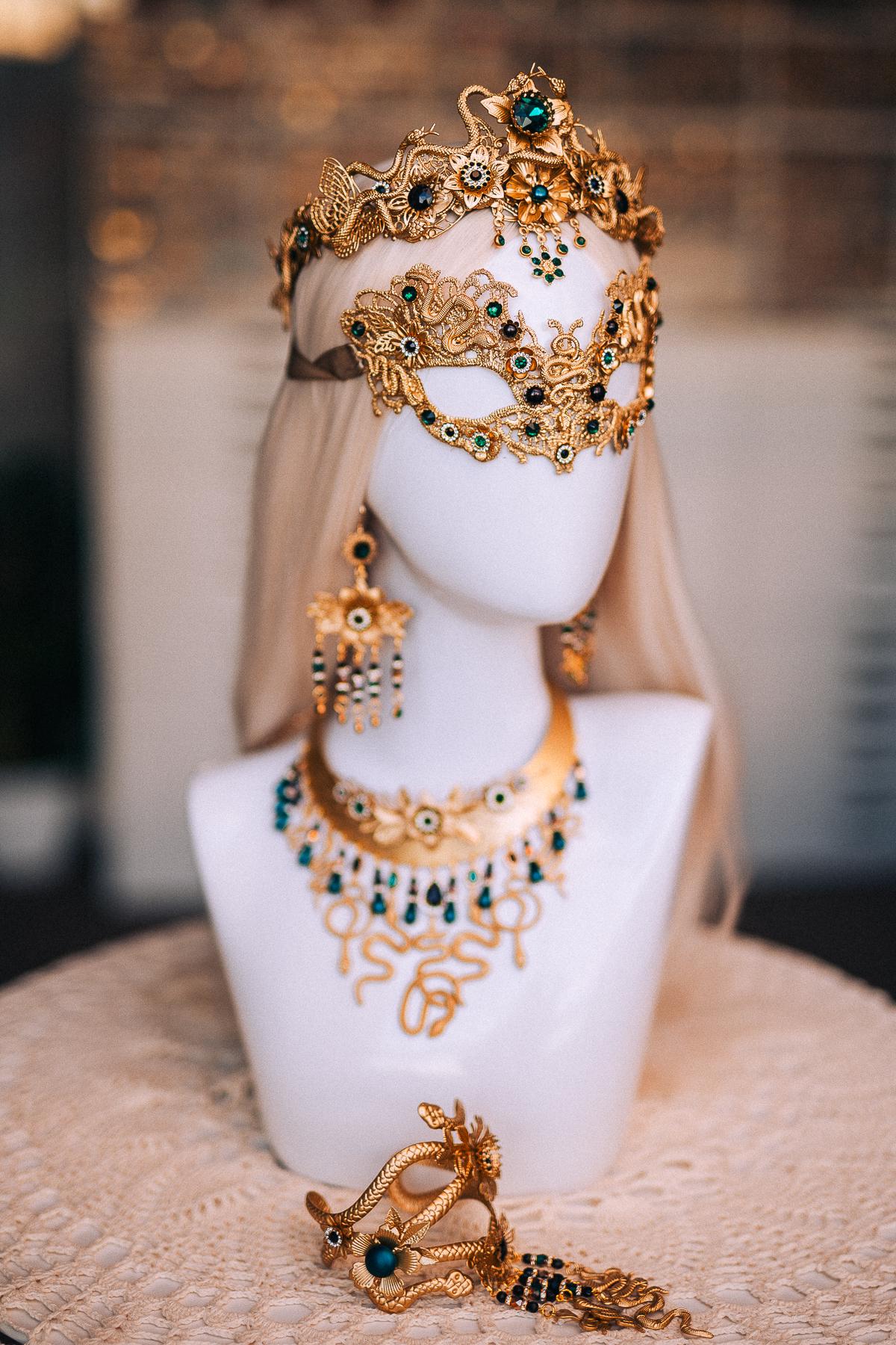 Medusa Masquerade Mask, Gold Snake Mask, Emerald Goddess Mask, Greek Mythology Mask, Medusa Costume Accessory