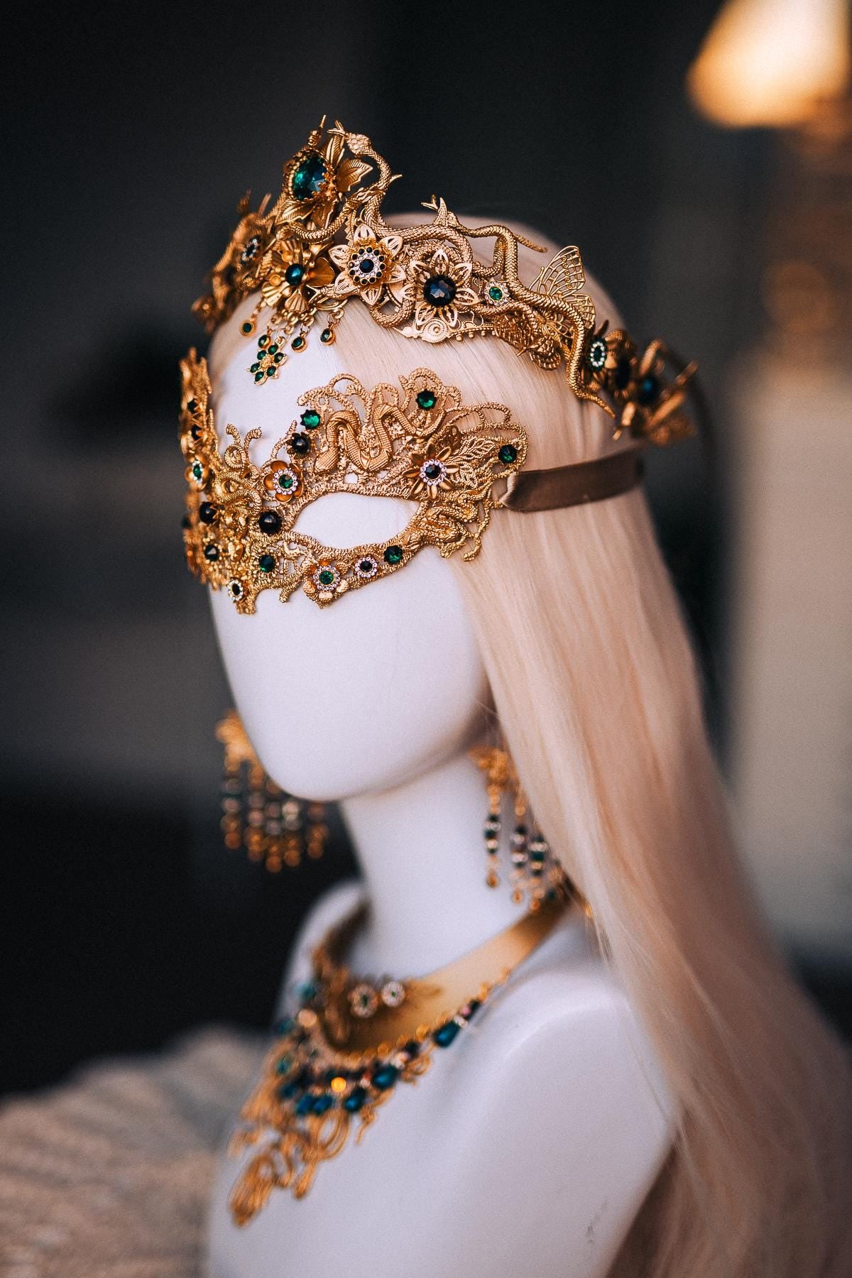 Medusa Masquerade Mask, Gold Snake Mask, Emerald Goddess Mask, Greek Mythology Mask, Medusa Costume Accessory