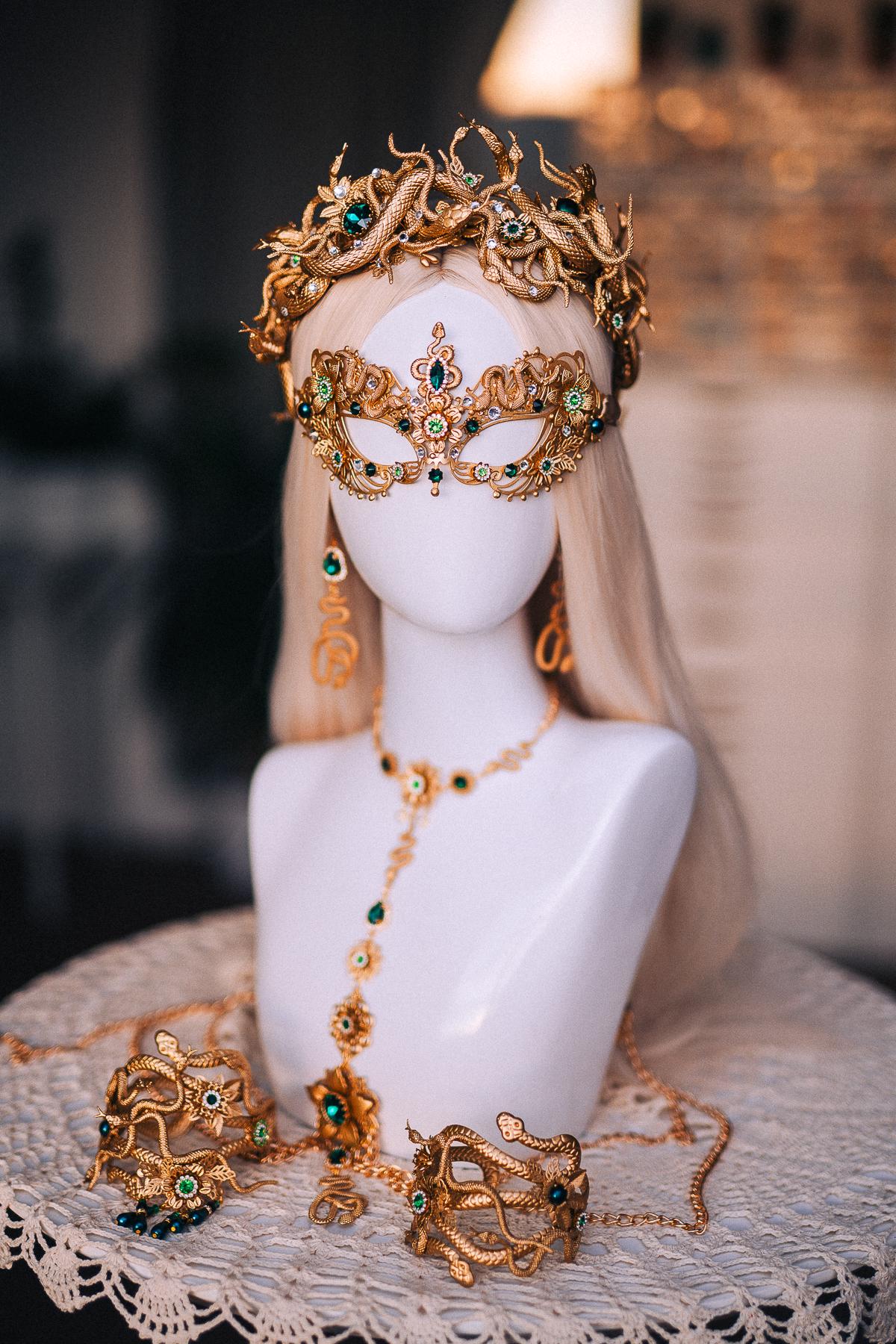 Medusa Snake Earrings, Gold Serpent Earrings, Emerald Goddess Jewelry, Greek Goddess Earrings, Medusa Costume Jewelry
