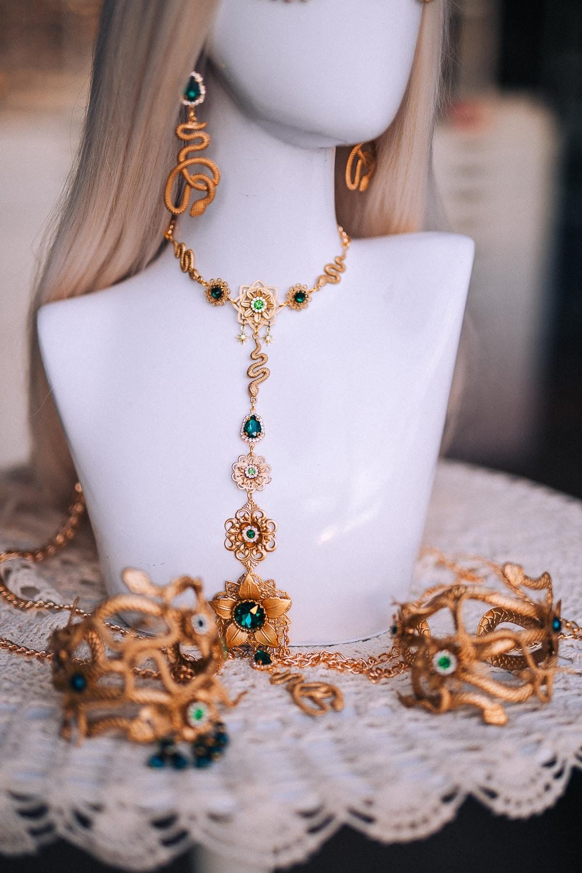 Medusa Snake Earrings, Gold Serpent Earrings, Emerald Goddess Jewelry, Greek Goddess Earrings, Medusa Costume Jewelry