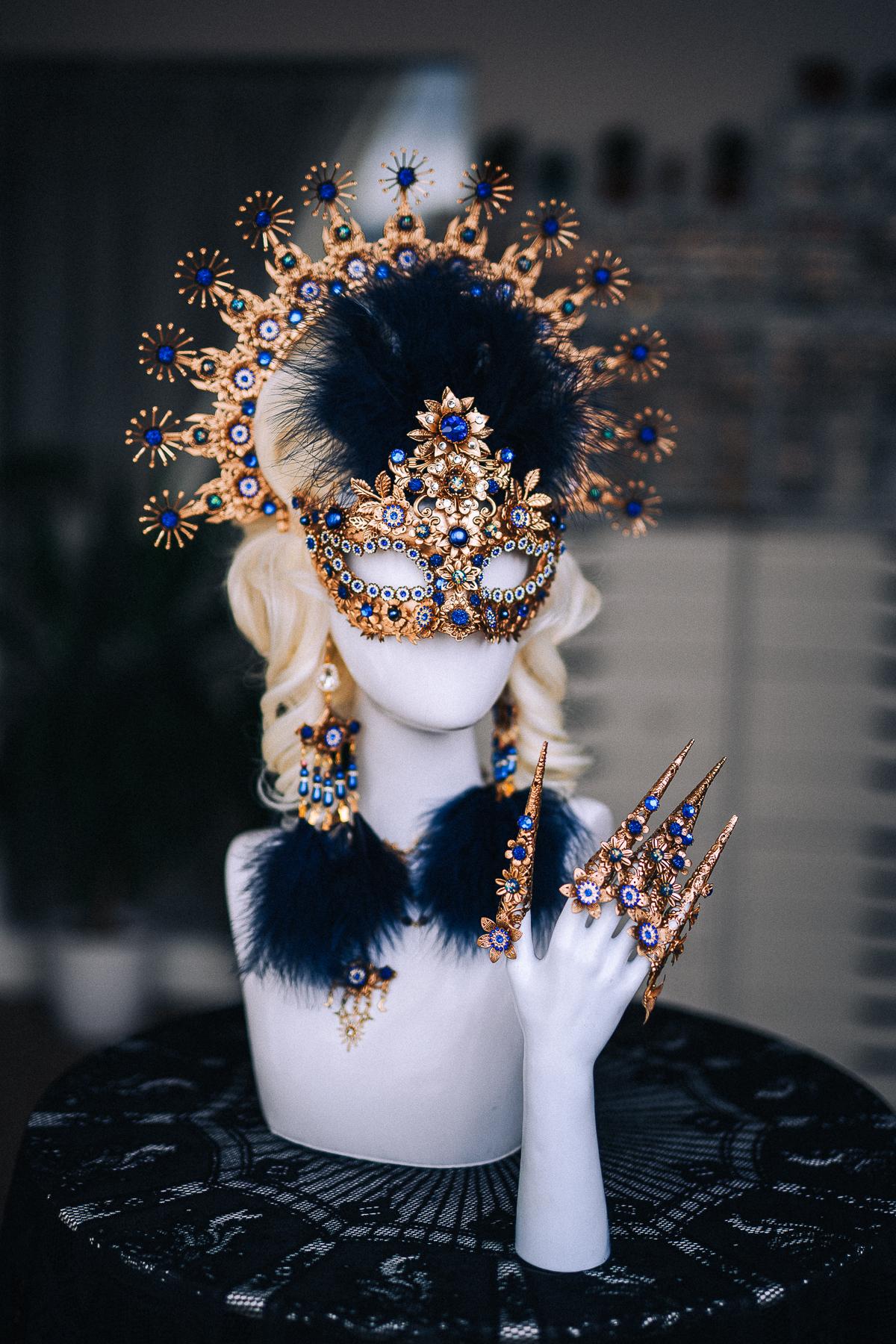 Gold Blue Feather Earrings, Masquerade Earrings, Royal Blue Statement Jewelry, Venetian Ball Accessories, Fantasy Earrings