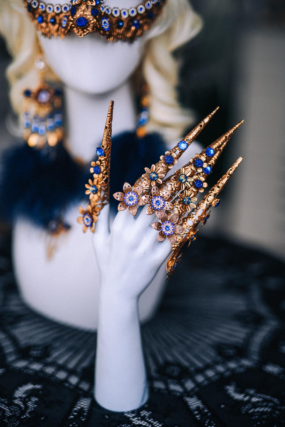 Gold Blue Feather Earrings, Masquerade Earrings, Royal Blue Statement Jewelry, Venetian Ball Accessories, Fantasy Earrings