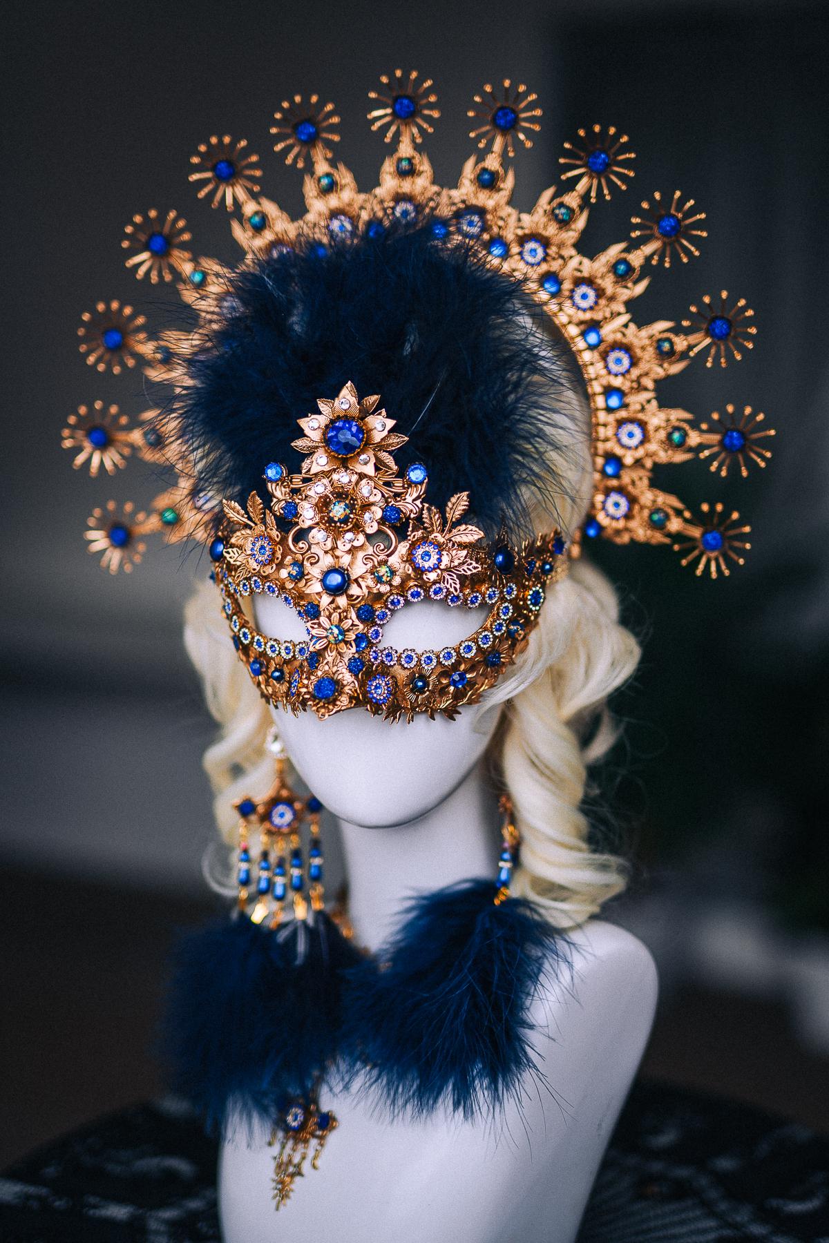 Gold Blue Feather Earrings, Masquerade Earrings, Royal Blue Statement Jewelry, Venetian Ball Accessories, Fantasy Earrings