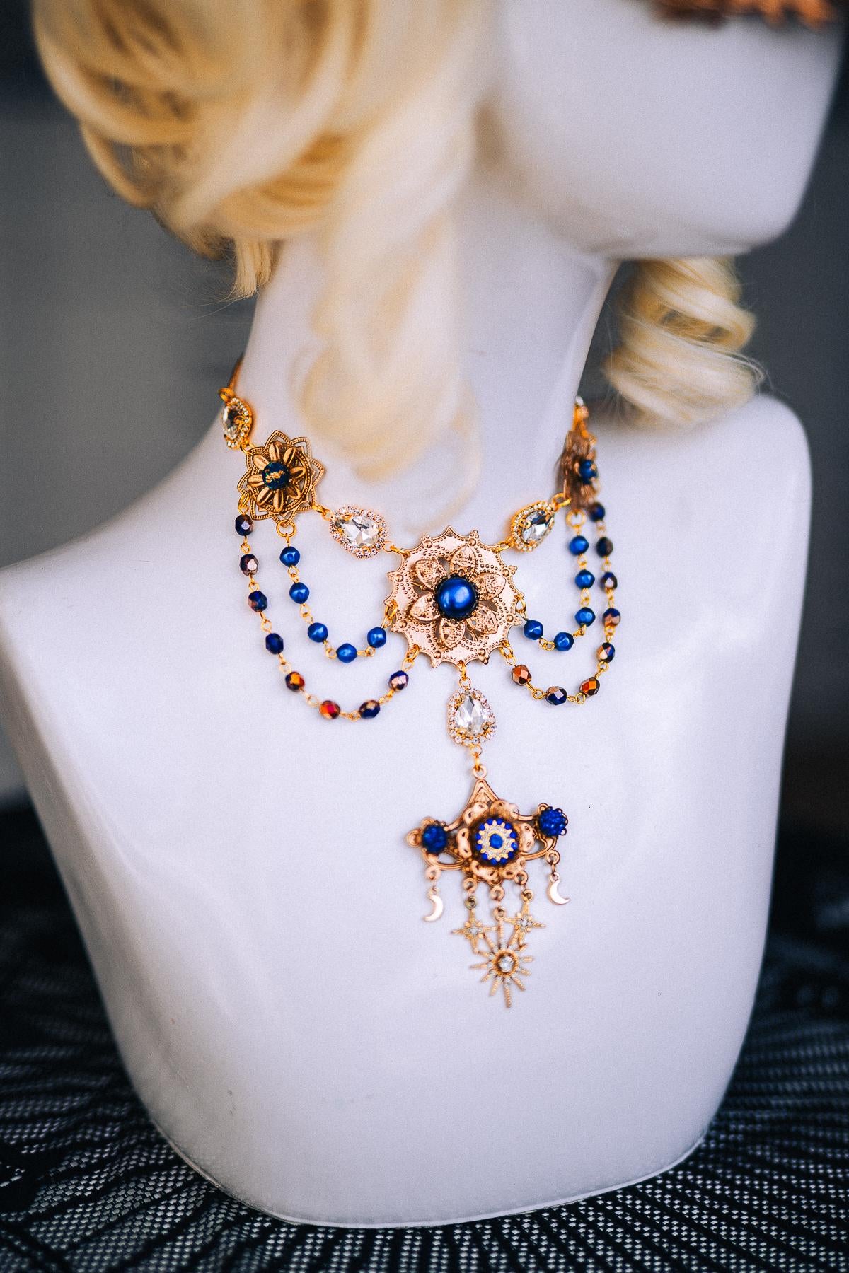 Gold Blue Feather Earrings, Masquerade Earrings, Royal Blue Statement Jewelry, Venetian Ball Accessories, Fantasy Earrings