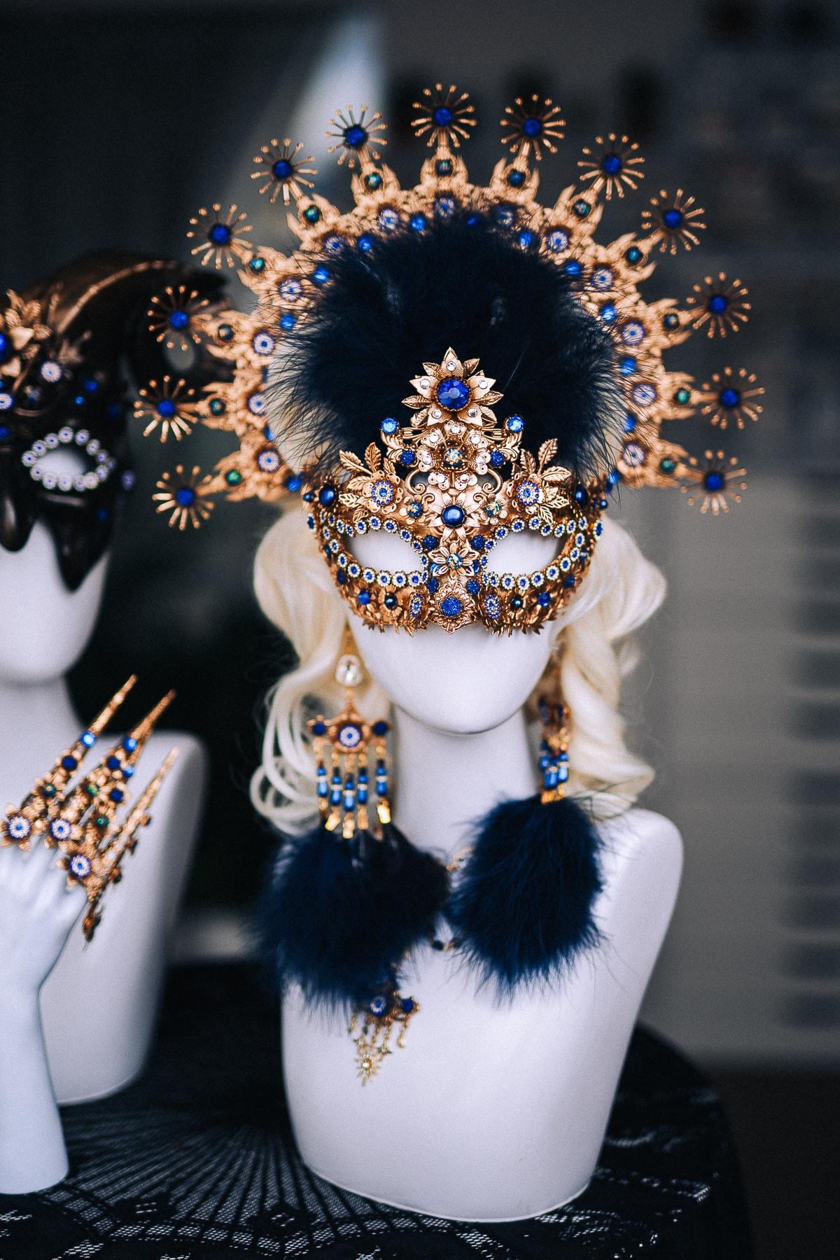 Gold Blue Statement Necklace, Royal Blue Baroque Jewelry, Venetian Masquerade Necklace, Celestial Necklace, Fantasy Costume Jewelry