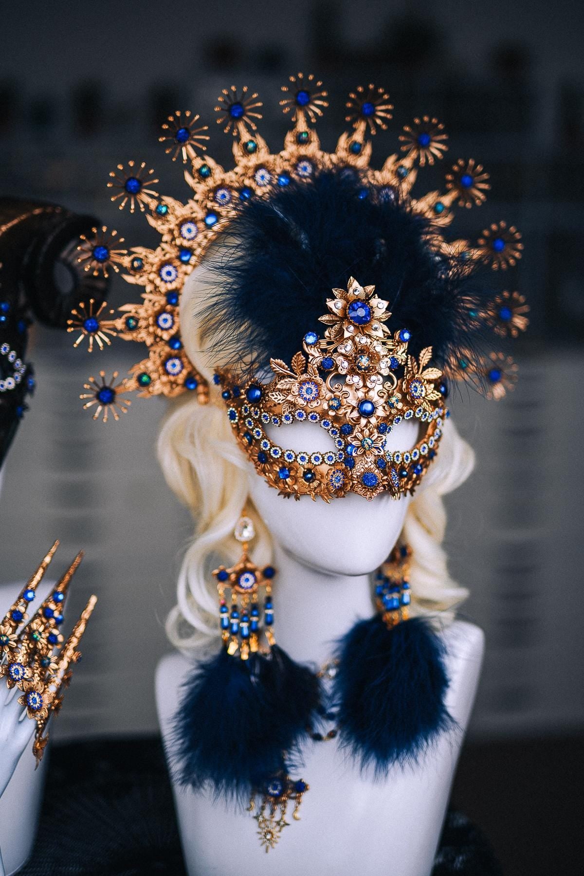 Gold Blue Statement Necklace, Royal Blue Baroque Jewelry, Venetian Masquerade Necklace, Celestial Necklace, Fantasy Costume Jewelry