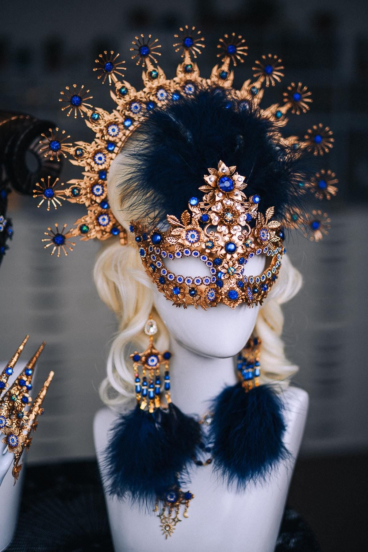 Gold Blue Statement Necklace, Royal Blue Baroque Jewelry, Venetian Masquerade Necklace, Celestial Necklace, Fantasy Costume Jewelry