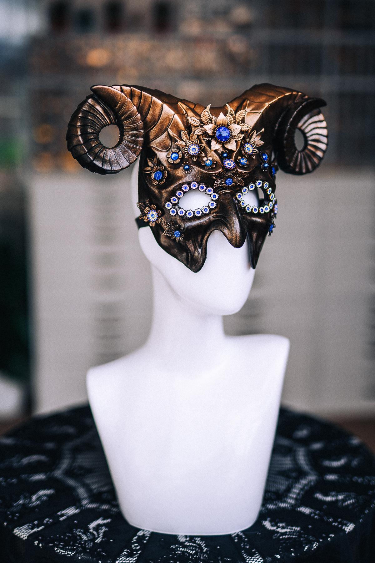 Ram Horn Masquerade Mask, Mens Venetian Mask, Gothic Horned Mask, Fantasy Ball Costume, Couples Masquerade Accessories