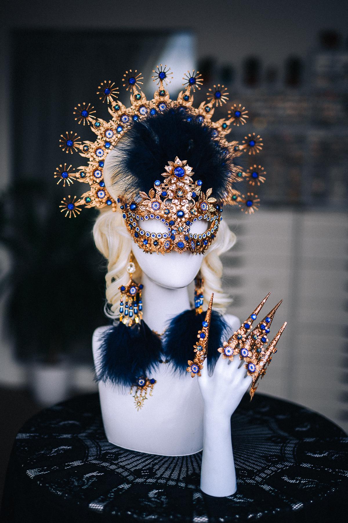 Gold Halo Crown, Royal Blue Masquerade Headpiece, Baroque Sunburst Crown, Venetian Ball Crown, Fantasy Goddess Headdress