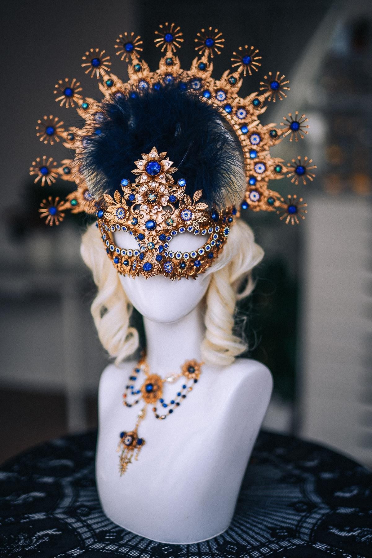 Gold Halo Crown, Royal Blue Masquerade Headpiece, Baroque Sunburst Crown, Venetian Ball Crown, Fantasy Goddess Headdress