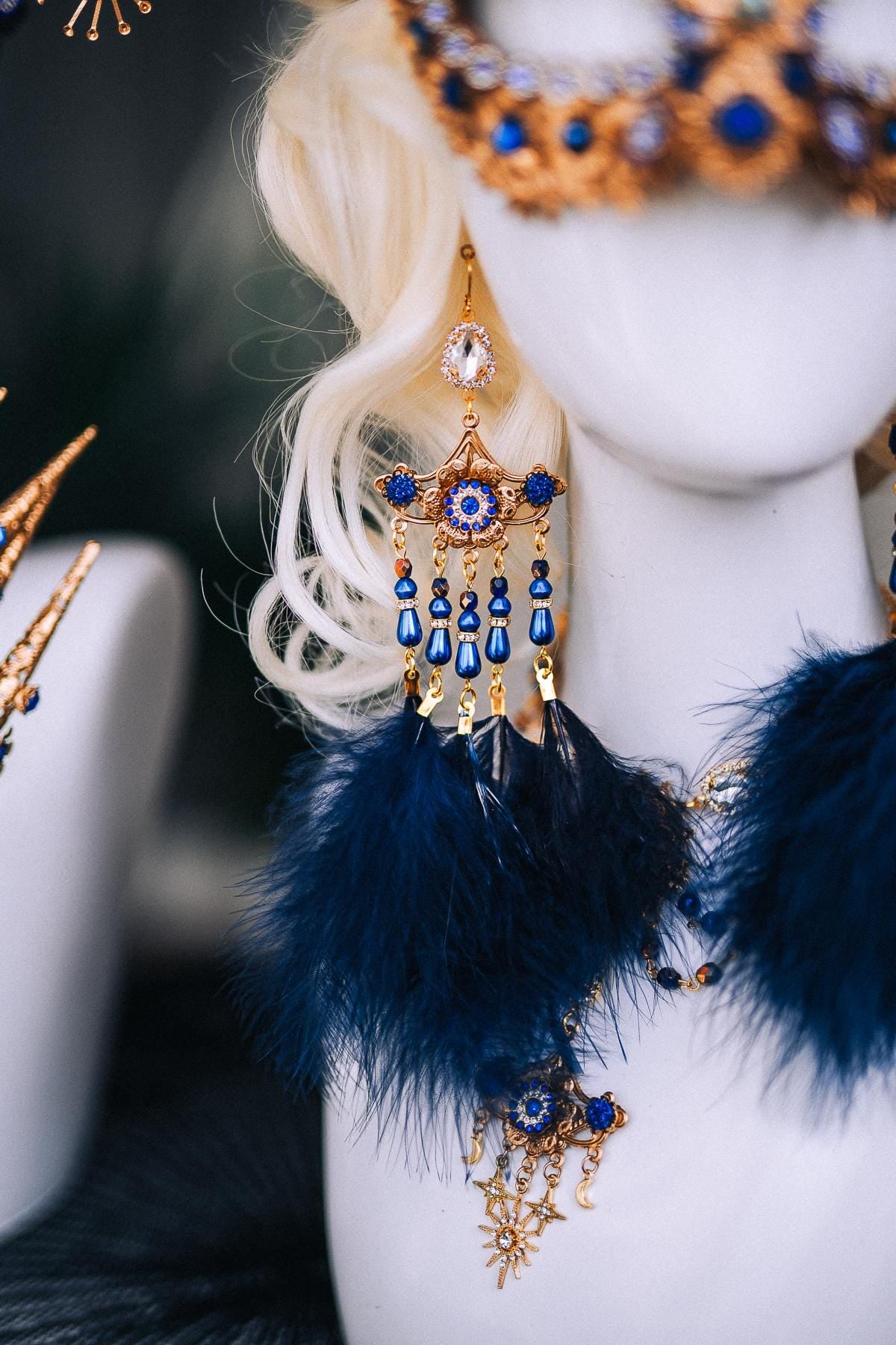 Gold Masquerade Mask, Royal Blue Venetian Mask, Baroque Feather Eye Mask, Luxury Masquerade Ball Costume, Fantasy Goddess Mask