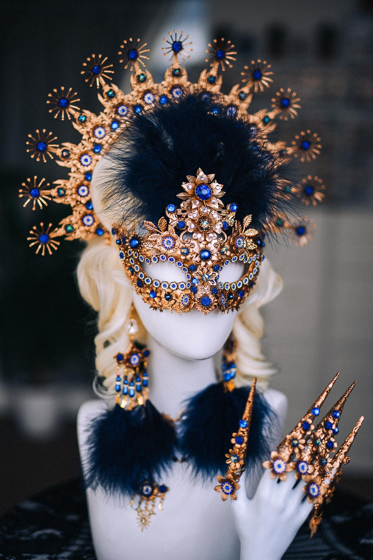 Gold Masquerade Mask, Royal Blue Venetian Mask, Baroque Feather Eye Mask, Luxury Masquerade Ball Costume, Fantasy Goddess Mask
