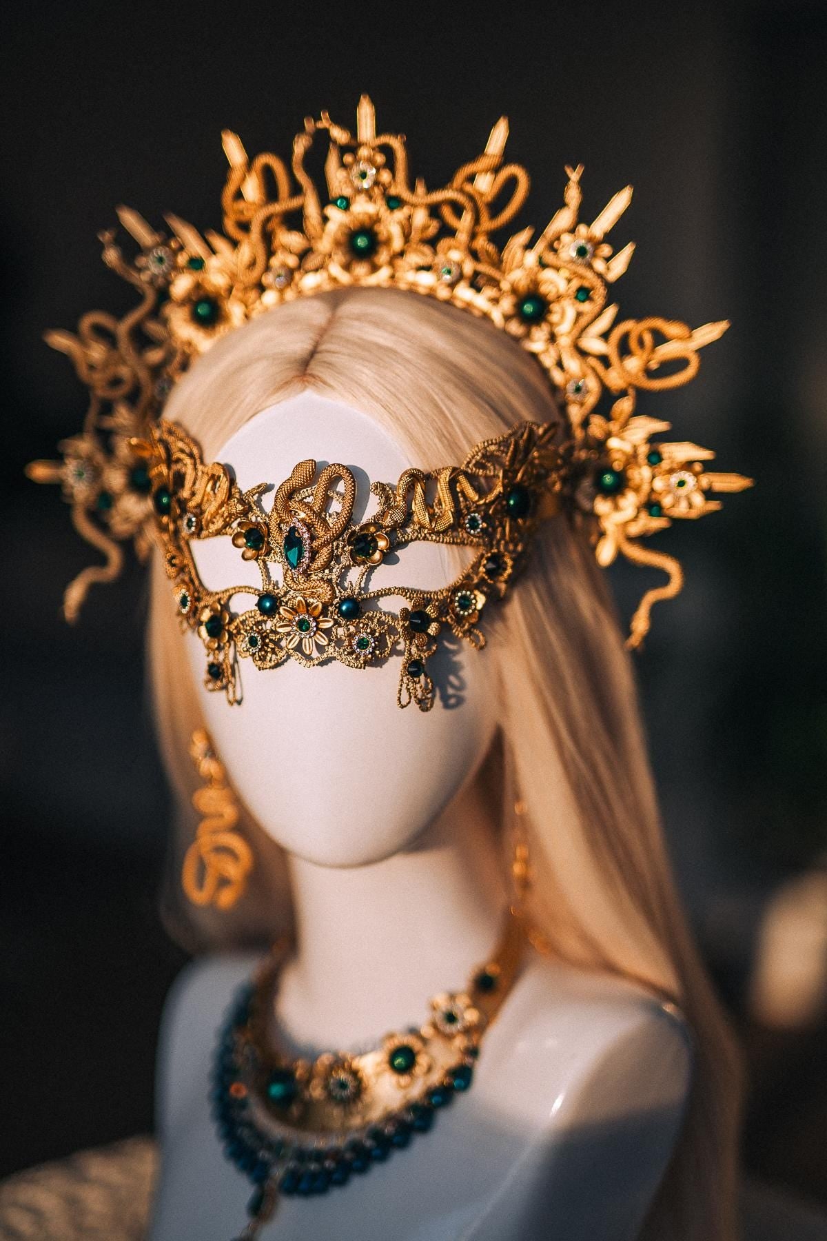 Medusa Snake Earrings, Serpent Earrings, Greek Goddess Jewelry, Medusa Costume Accessories, Gold Snake Earrings, Emerald Jewelry