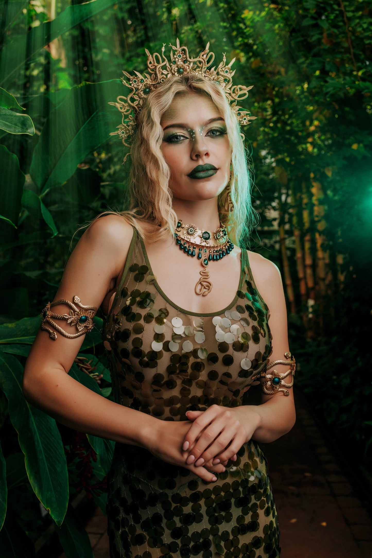 Medusa Snake Necklace, Emerald Serpent Necklace, Greek Goddess Jewelry, Gold Snake Choker, Medusa Costume Jewelry, Mythology Necklace