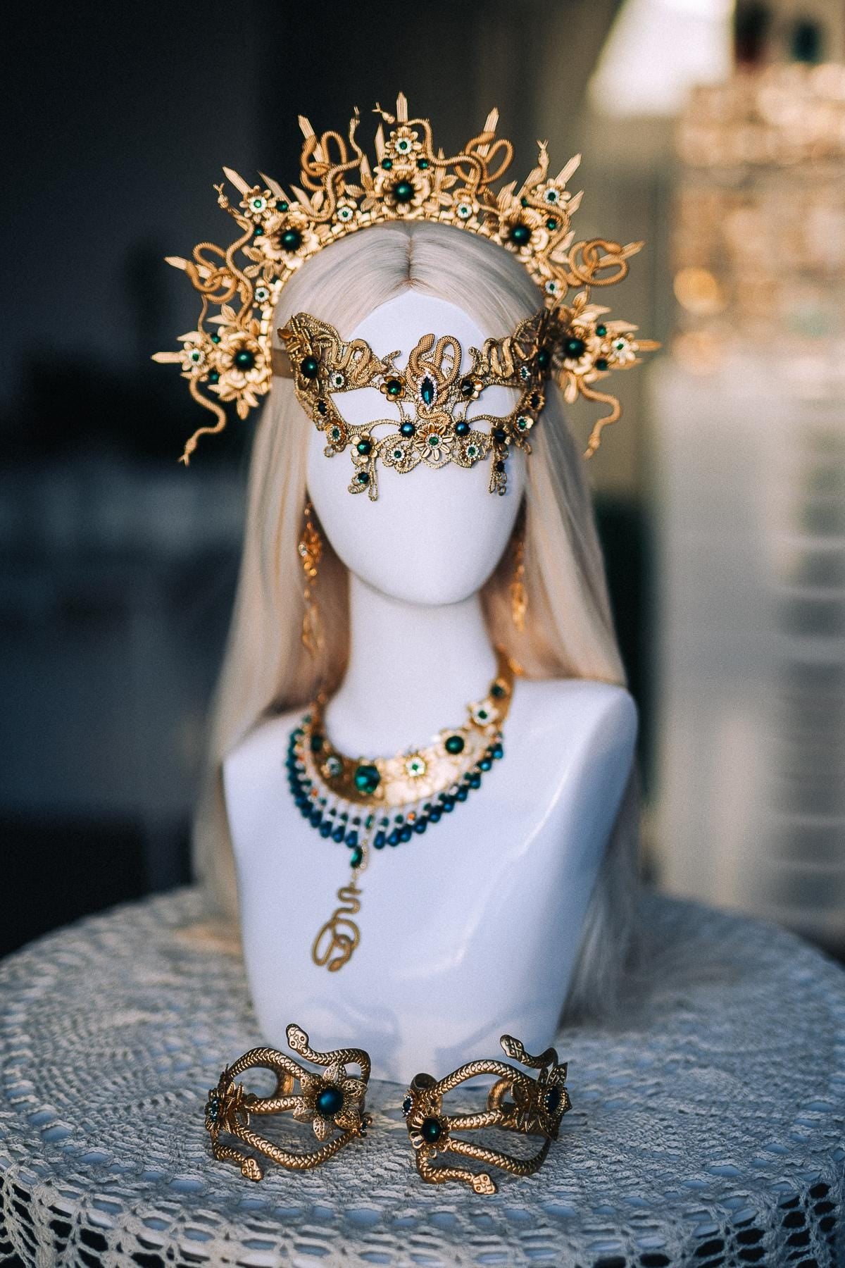 Medusa Masquerade Mask, Snake Goddess Mask, Serpent Mask, Greek Mythology Costume, Gold Emerald Mask, Medusa Costume Accessories