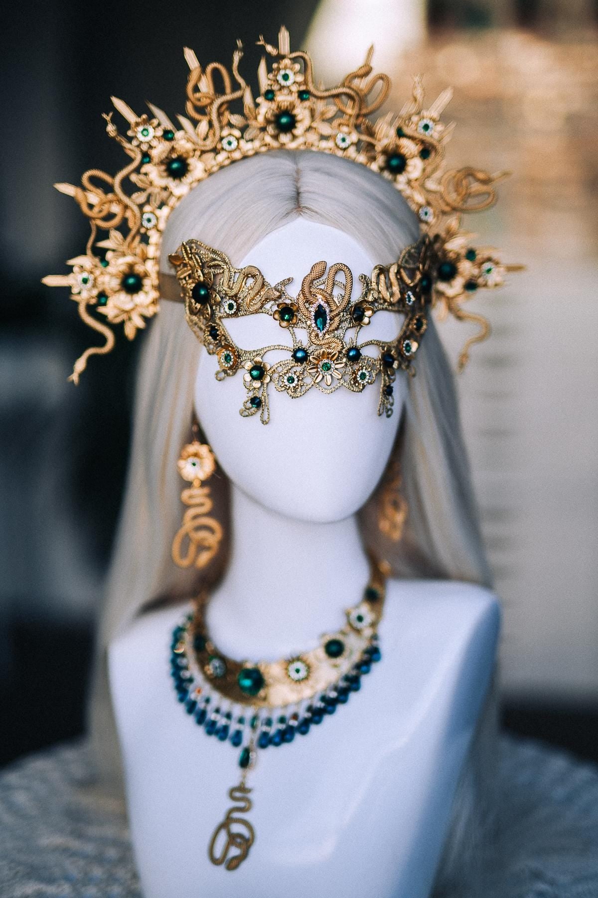 Medusa Masquerade Mask, Snake Goddess Mask, Serpent Mask, Greek Mythology Costume, Gold Emerald Mask, Medusa Costume Accessories