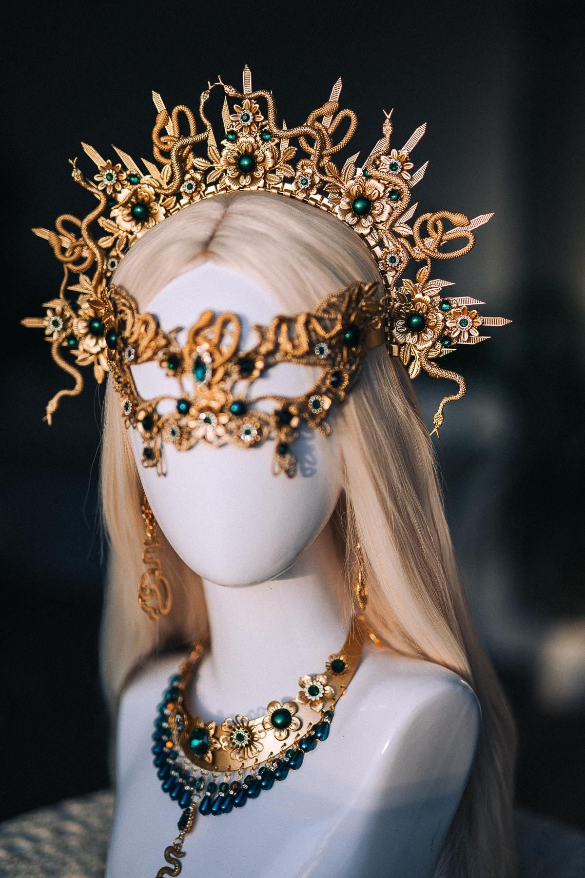 Medusa Masquerade Mask, Snake Goddess Mask, Serpent Mask, Greek Mythology Costume, Gold Emerald Mask, Medusa Costume Accessories