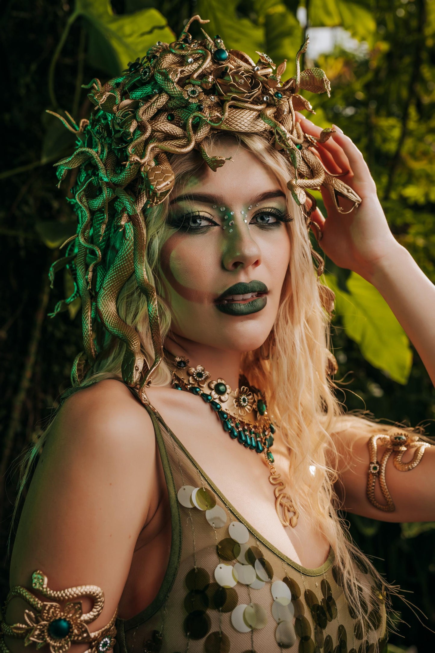 Medusa Snake Arm Cuffs, Gold Serpent Upper Arm Bracelets, Greek Goddess Jewelry, Medusa Costume Accessories, Emerald Snake Jewelry