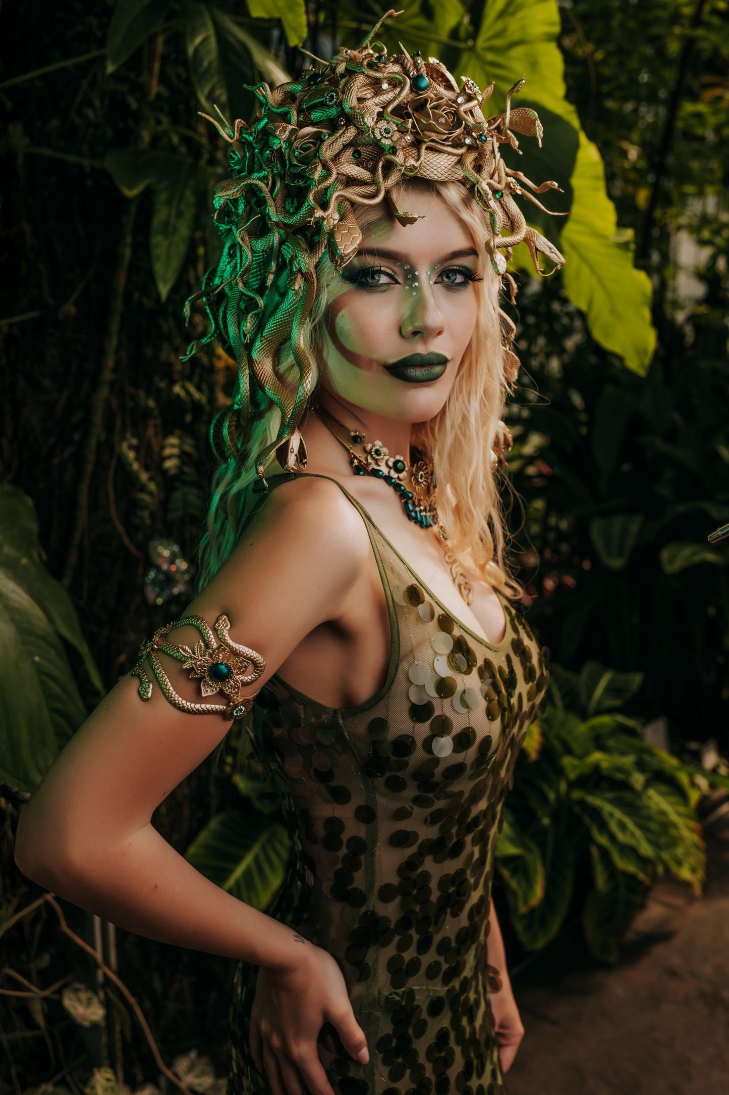 Medusa Snake Necklace, Emerald Serpent Necklace, Gold Greek Goddess Jewelry, Medusa Costume Necklace, Mythology Statement Jewelry