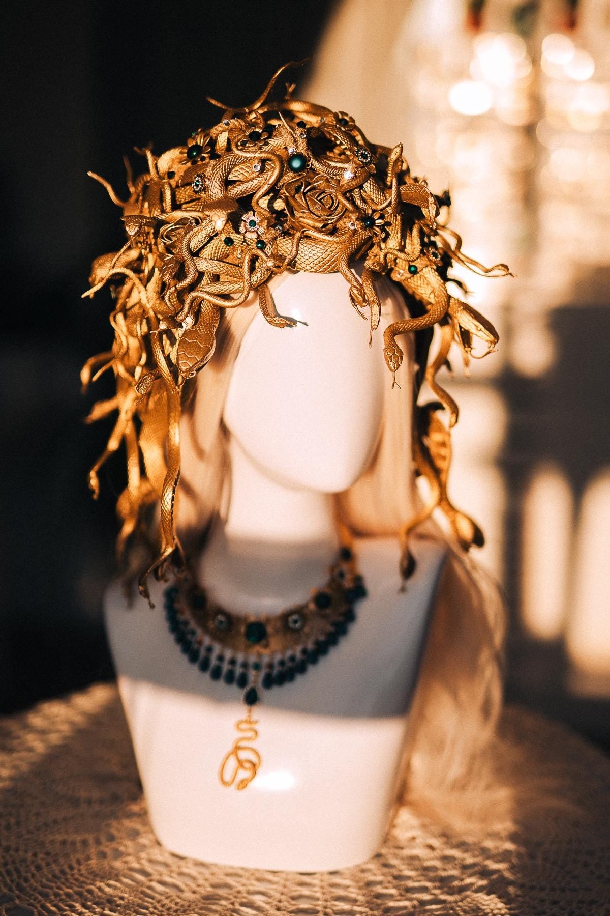Medusa Snake Necklace, Emerald Serpent Necklace, Gold Greek Goddess Jewelry, Medusa Costume Necklace, Mythology Statement Jewelry
