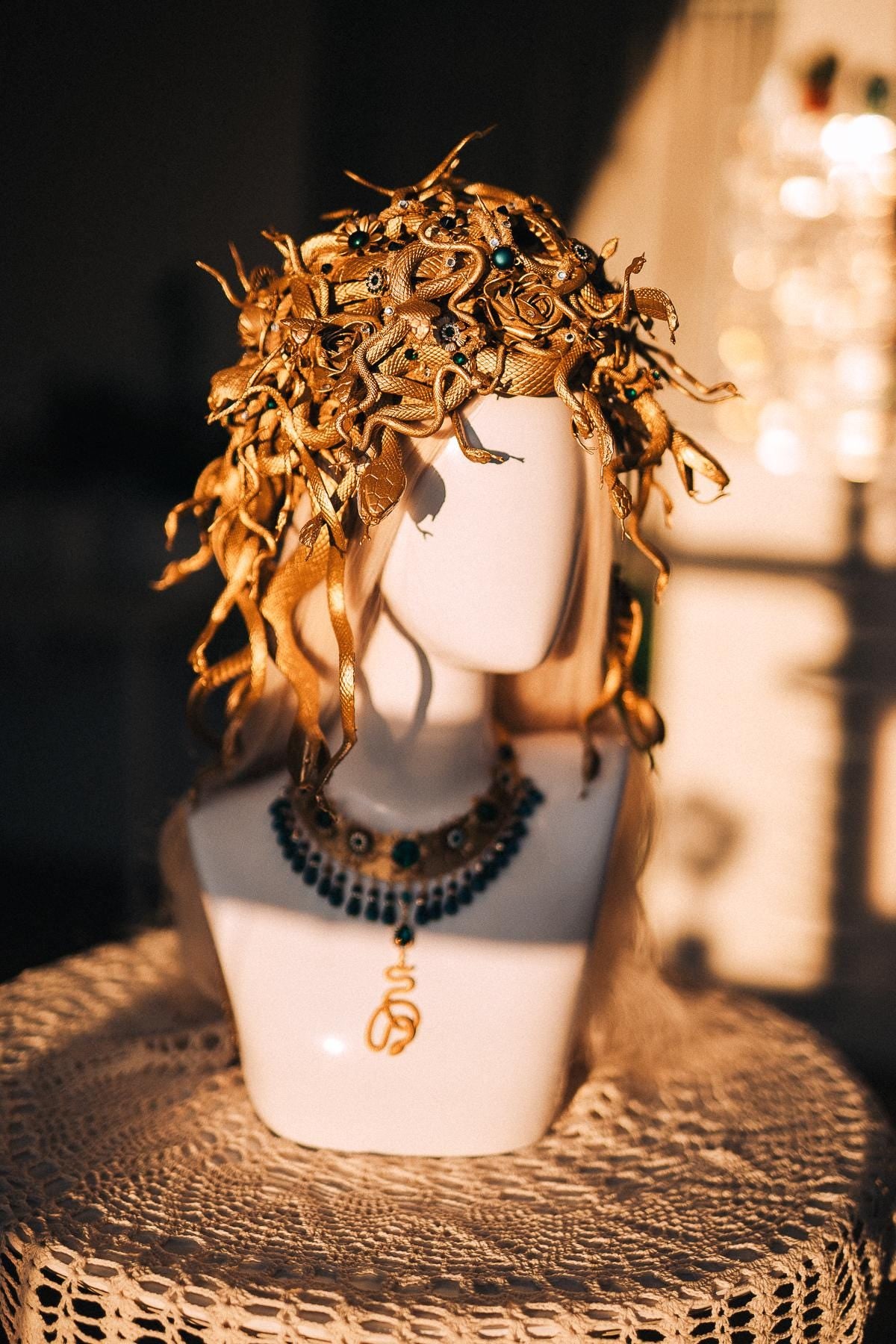 Medusa Snake Necklace, Emerald Serpent Necklace, Gold Greek Goddess Jewelry, Medusa Costume Necklace, Mythology Statement Jewelry