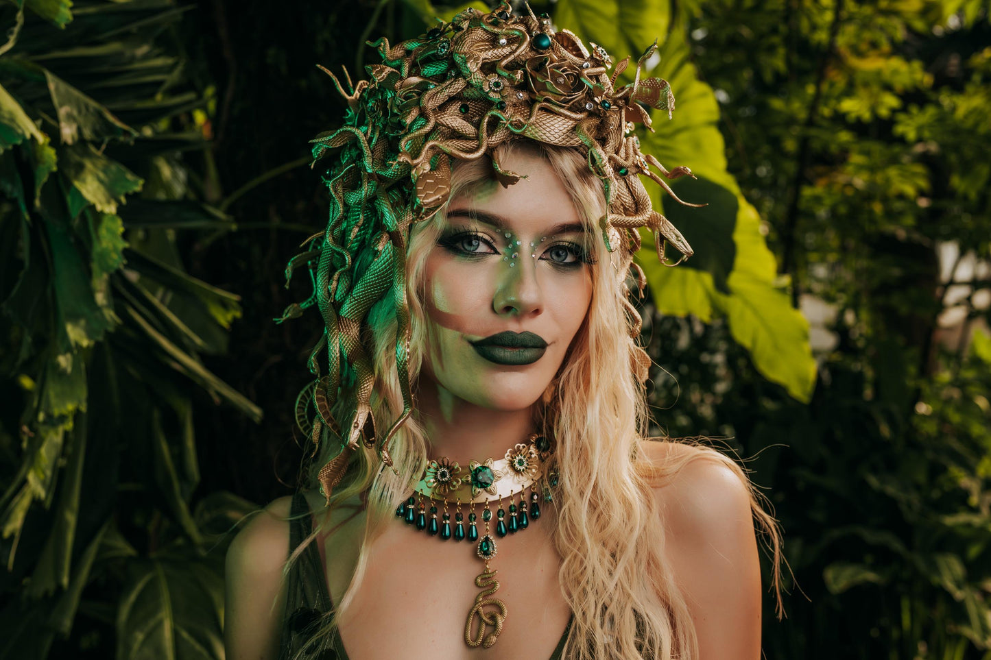 Medusa Snake Headpiece, Medusa Headdress, Gold Serpent Headpiece, Snake Hair Crown, Greek Goddess Costume, Emerald Medusa Set