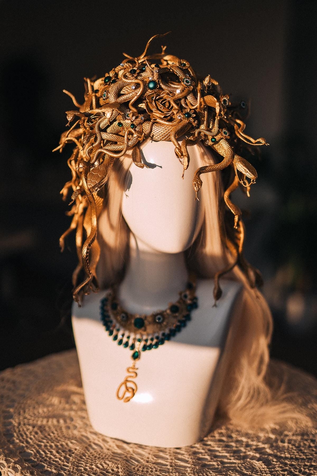 Medusa Snake Headpiece, Medusa Headdress, Gold Serpent Headpiece, Snake Hair Crown, Greek Goddess Costume, Emerald Medusa Set