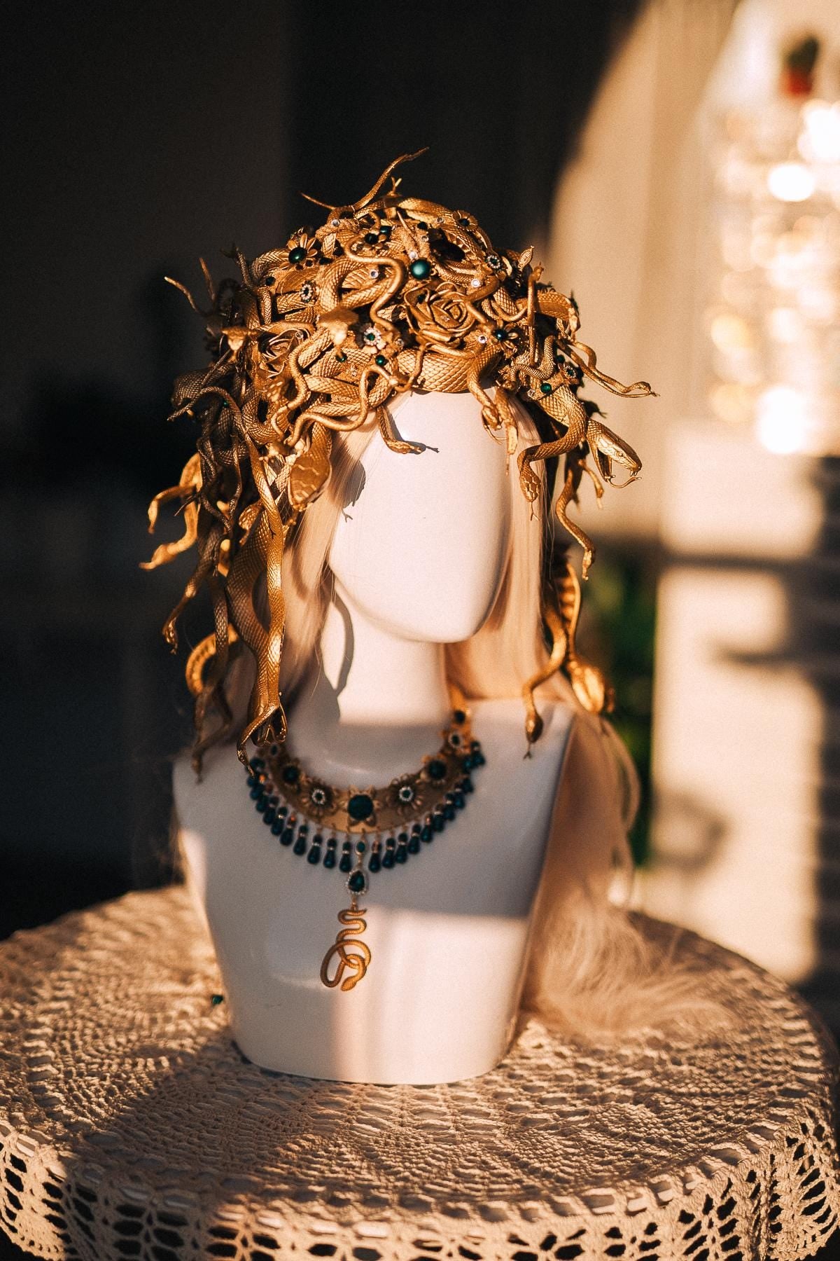 Medusa Snake Headpiece, Medusa Headdress, Gold Serpent Headpiece, Snake Hair Crown, Greek Goddess Costume, Emerald Medusa Set