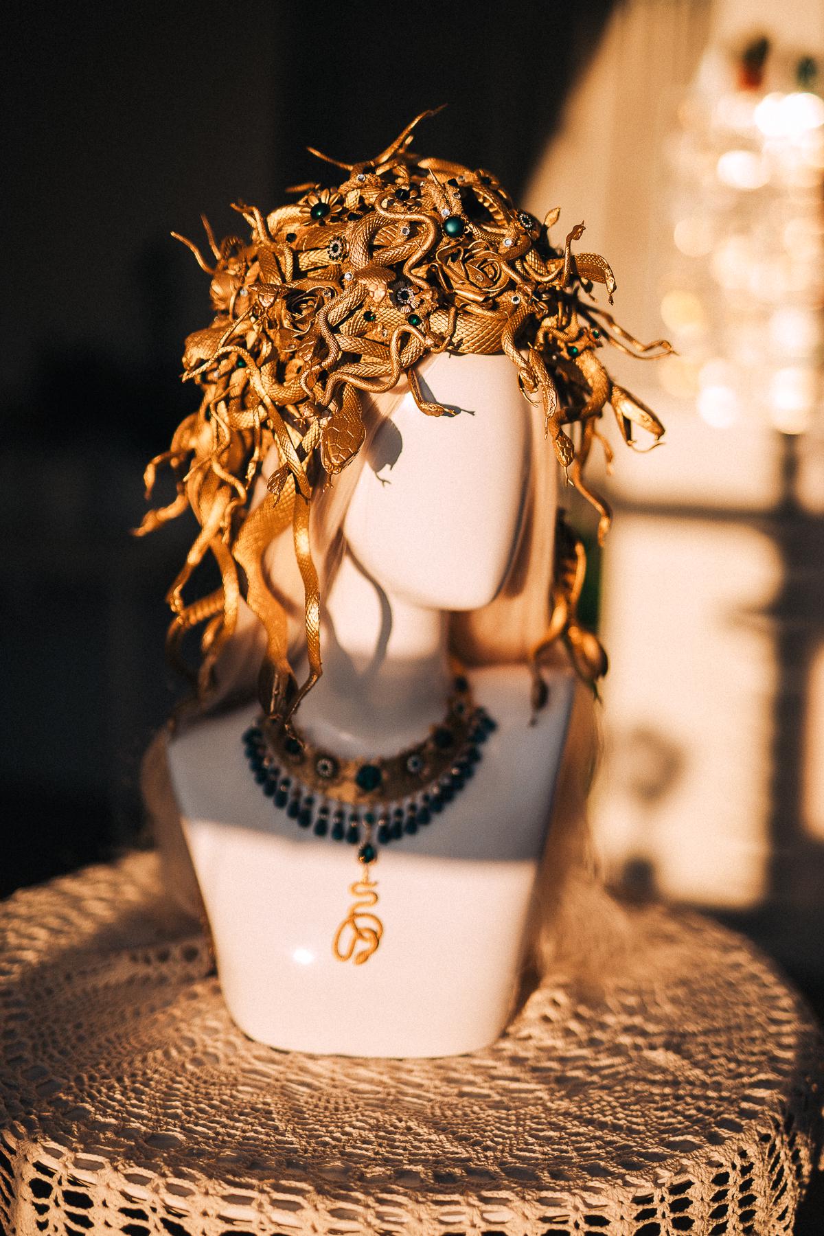 Medusa Snake Headpiece, Medusa Headdress, Gold Serpent Headpiece, Snake Hair Crown, Greek Goddess Costume, Emerald Medusa Set