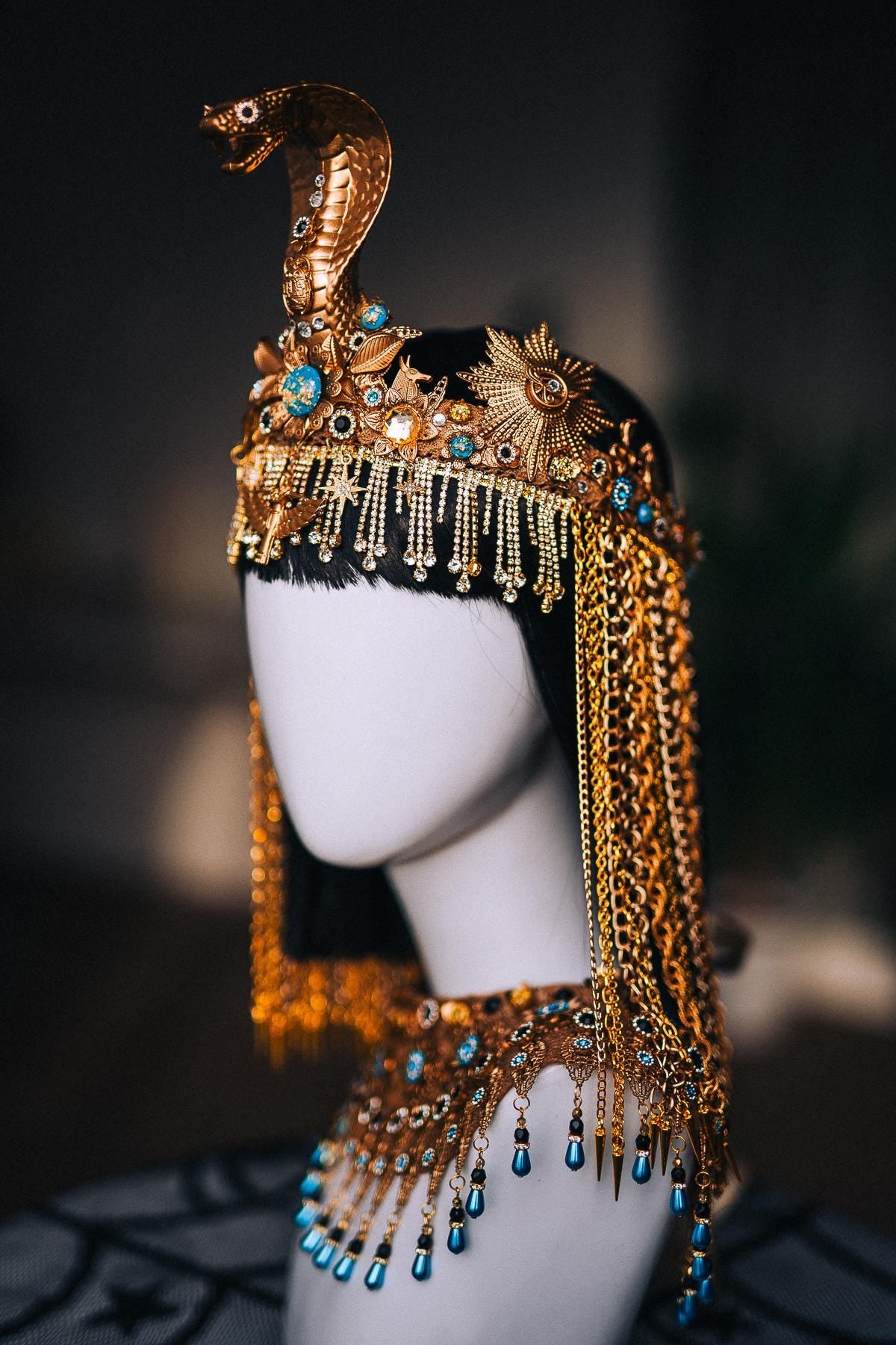 Cleopatra Necklace, Egyptian Collar Jewelry, Gold Pharaoh Statement Necklace, Turquoise Egyptian Goddess Costume, Cleopatra Accessories