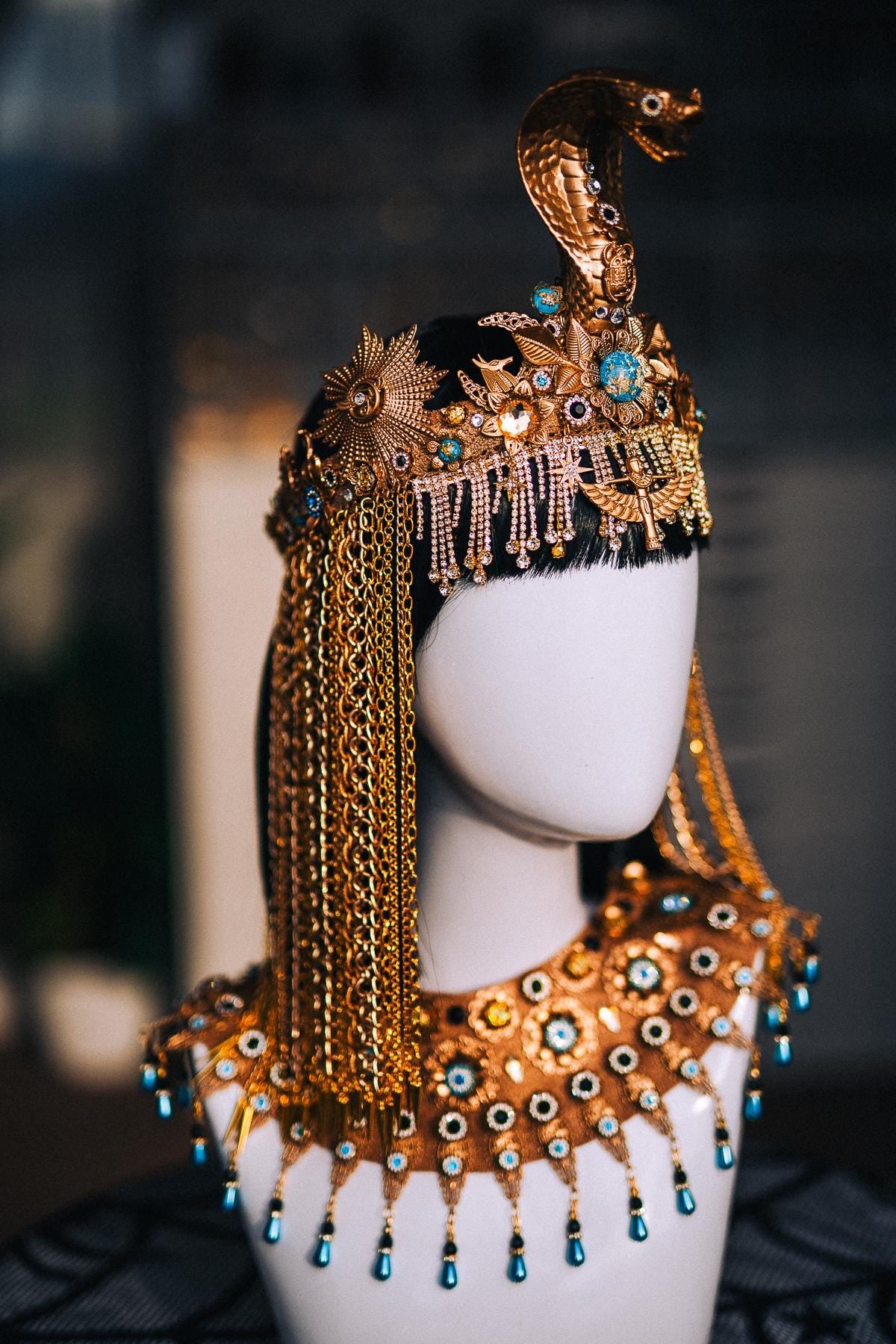 Cleopatra Necklace, Egyptian Collar Jewelry, Gold Pharaoh Statement Necklace, Turquoise Egyptian Goddess Costume, Cleopatra Accessories