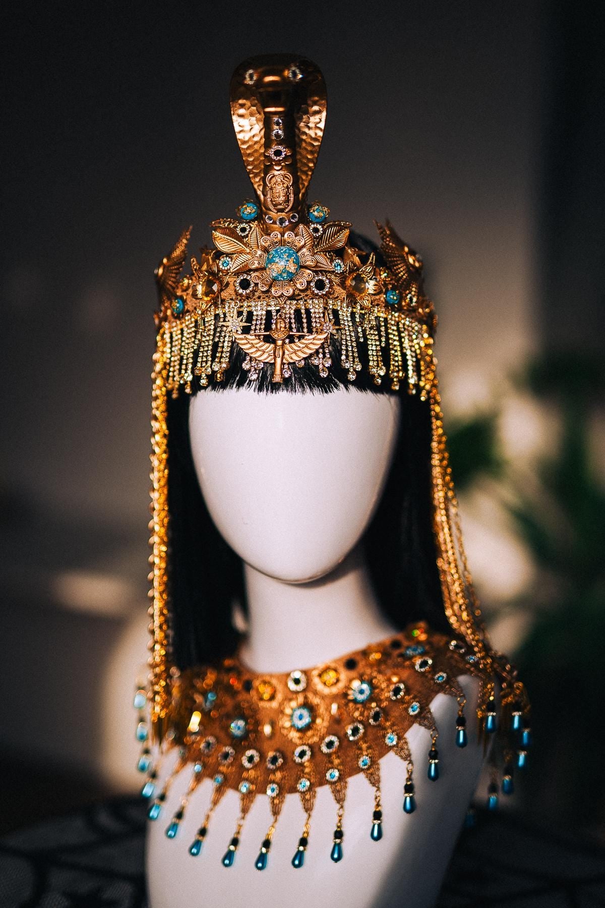 Cleopatra Necklace, Egyptian Collar Jewelry, Gold Pharaoh Statement Necklace, Turquoise Egyptian Goddess Costume, Cleopatra Accessories
