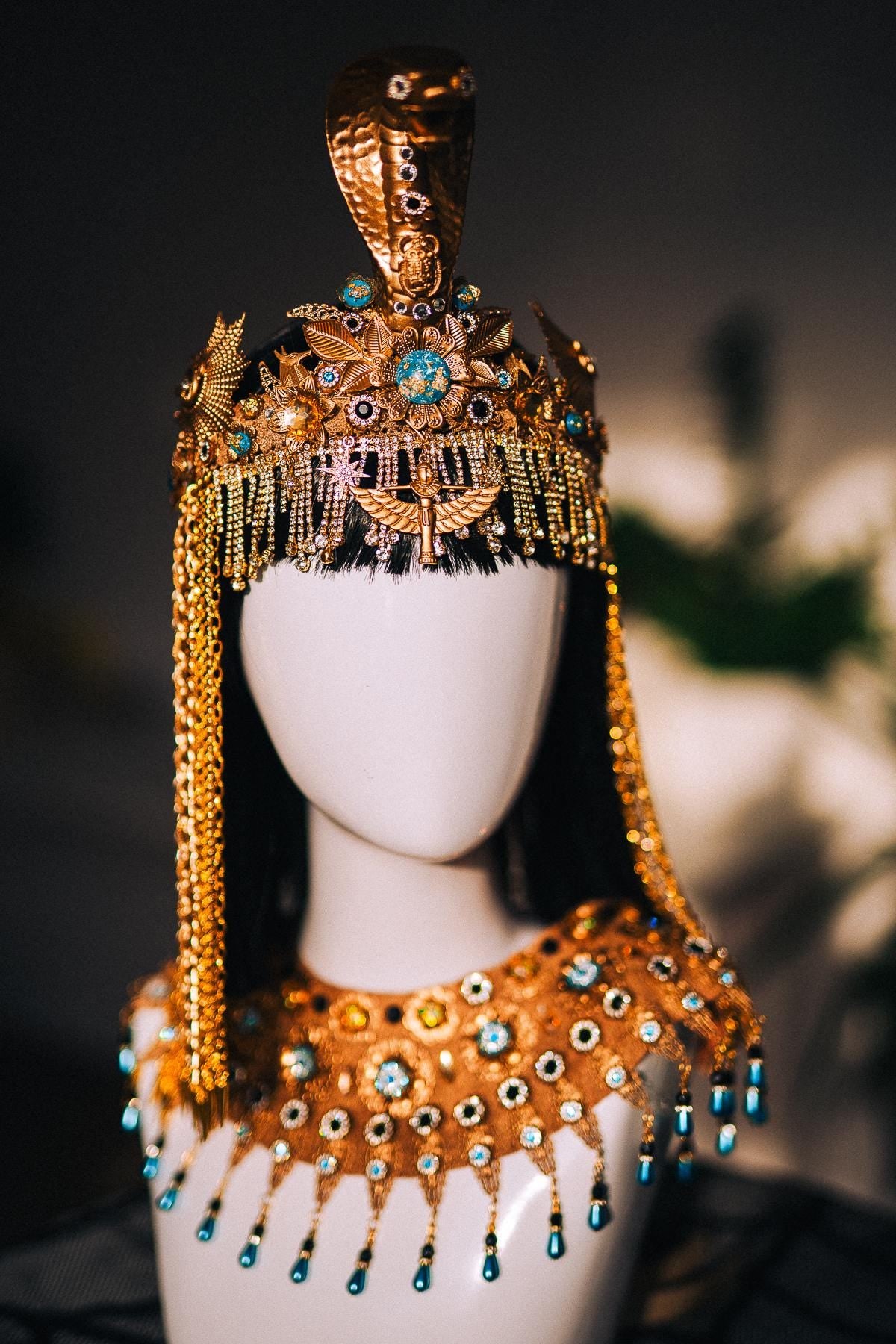 Cleopatra Necklace, Egyptian Collar Jewelry, Gold Pharaoh Statement Necklace, Turquoise Egyptian Goddess Costume, Cleopatra Accessories