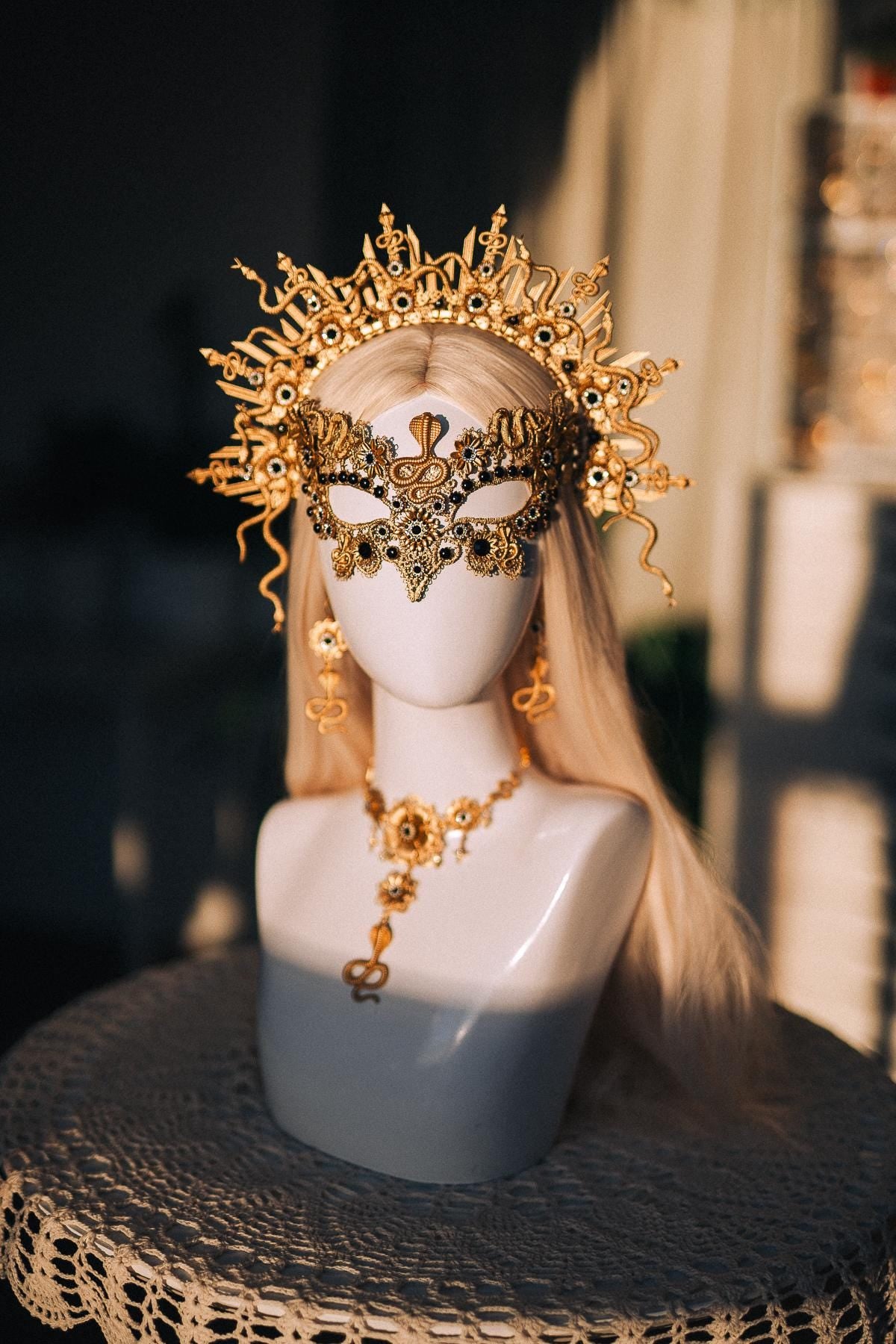 Medusa Mask, Gold Snake Masquerade Mask, Greek Goddess Costume, Serpent Face Mask, Mythology Fantasy Masquerade Accessories