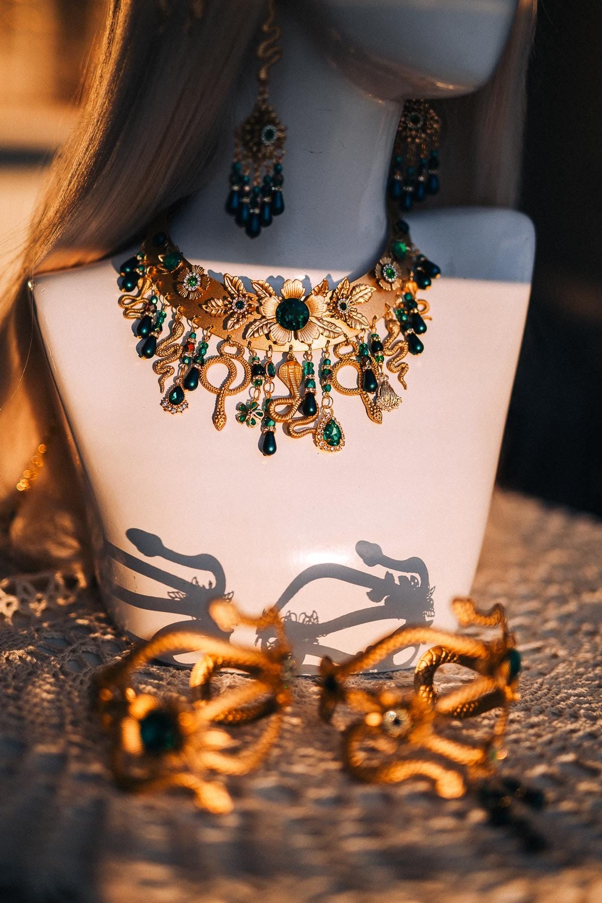 Medusa Snake Earrings, Emerald Serpent Earrings, Gold Greek Goddess Jewelry, Medusa Costume Earrings, Mythology Statement Earrings
