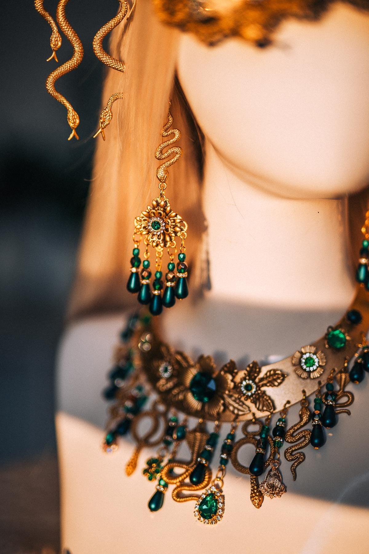 Medusa Snake Earrings, Emerald Serpent Earrings, Gold Greek Goddess Jewelry, Medusa Costume Earrings, Mythology Statement Earrings