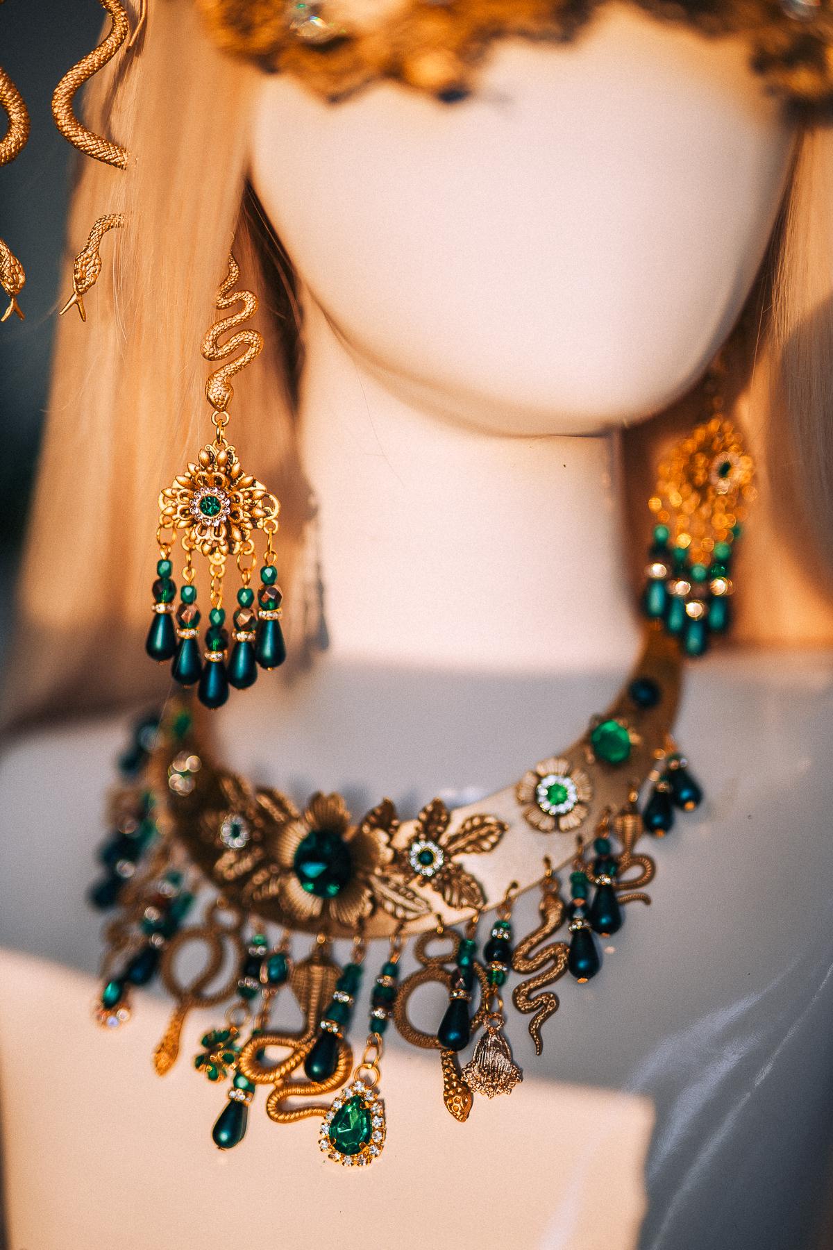 Medusa Snake Arm Cuffs Pair, Gold Serpent Upper Arm Bracelets, Emerald Greek Goddess Jewelry, Medusa Costume Armlets