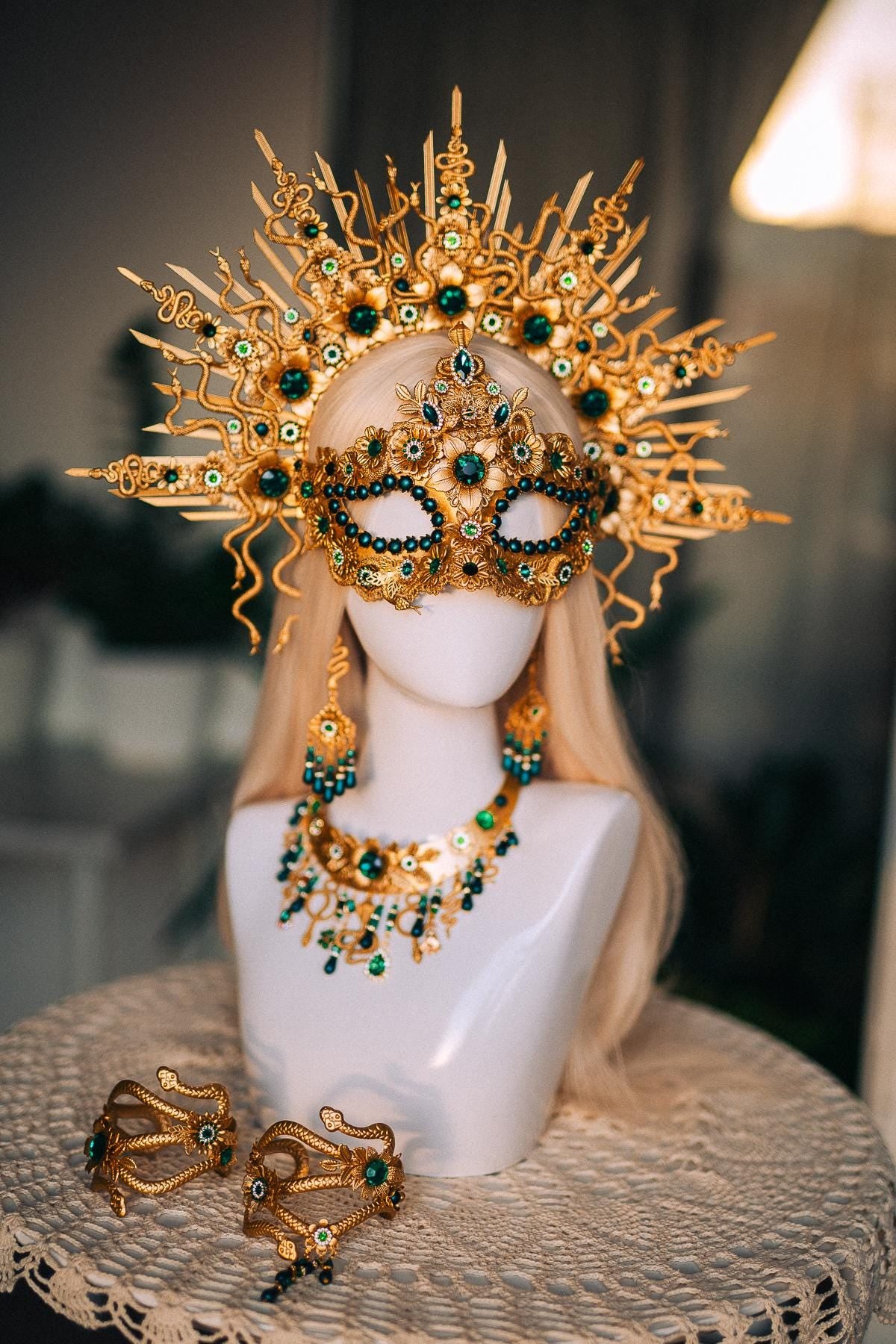 Medusa Snake Arm Cuffs Pair, Gold Serpent Upper Arm Bracelets, Emerald Greek Goddess Jewelry, Medusa Costume Armlets