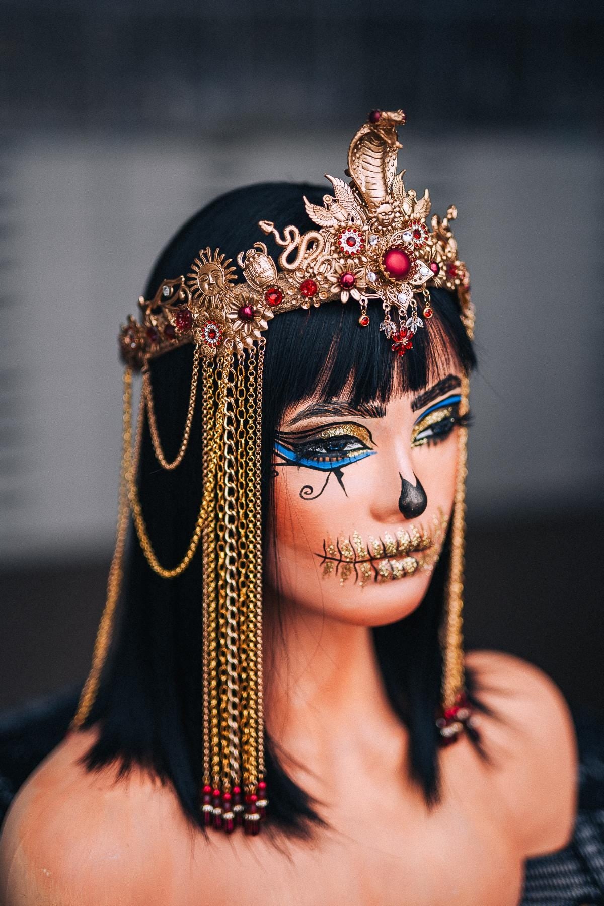 Gold Cleopatra Crown, Burgundy Red Egyptian Headpiece, Cobra Queen Crown, Egyptian Goddess Tiara, Pharaoh Costume Crown